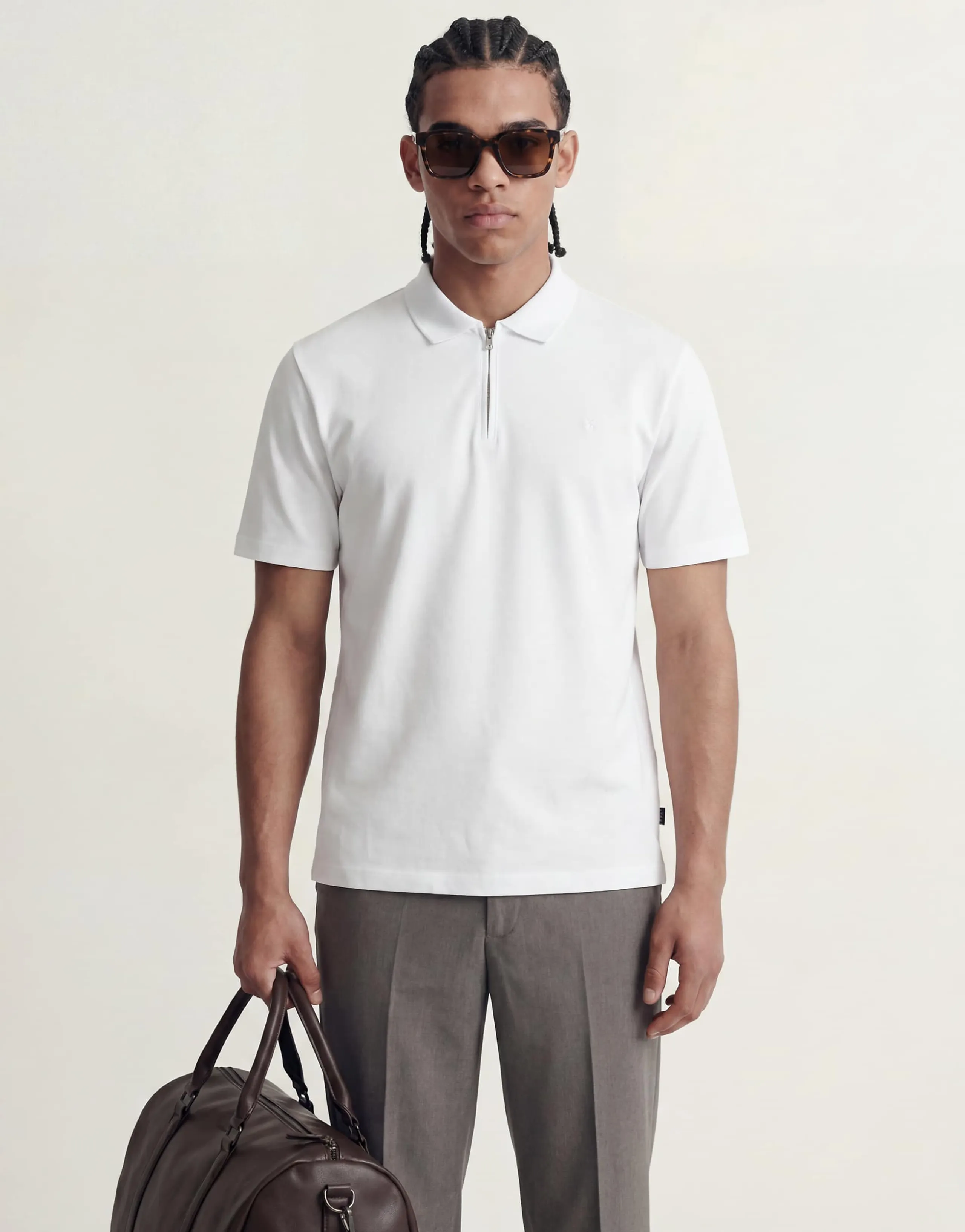 Jack & Jones Premium quarter zip polo top in white