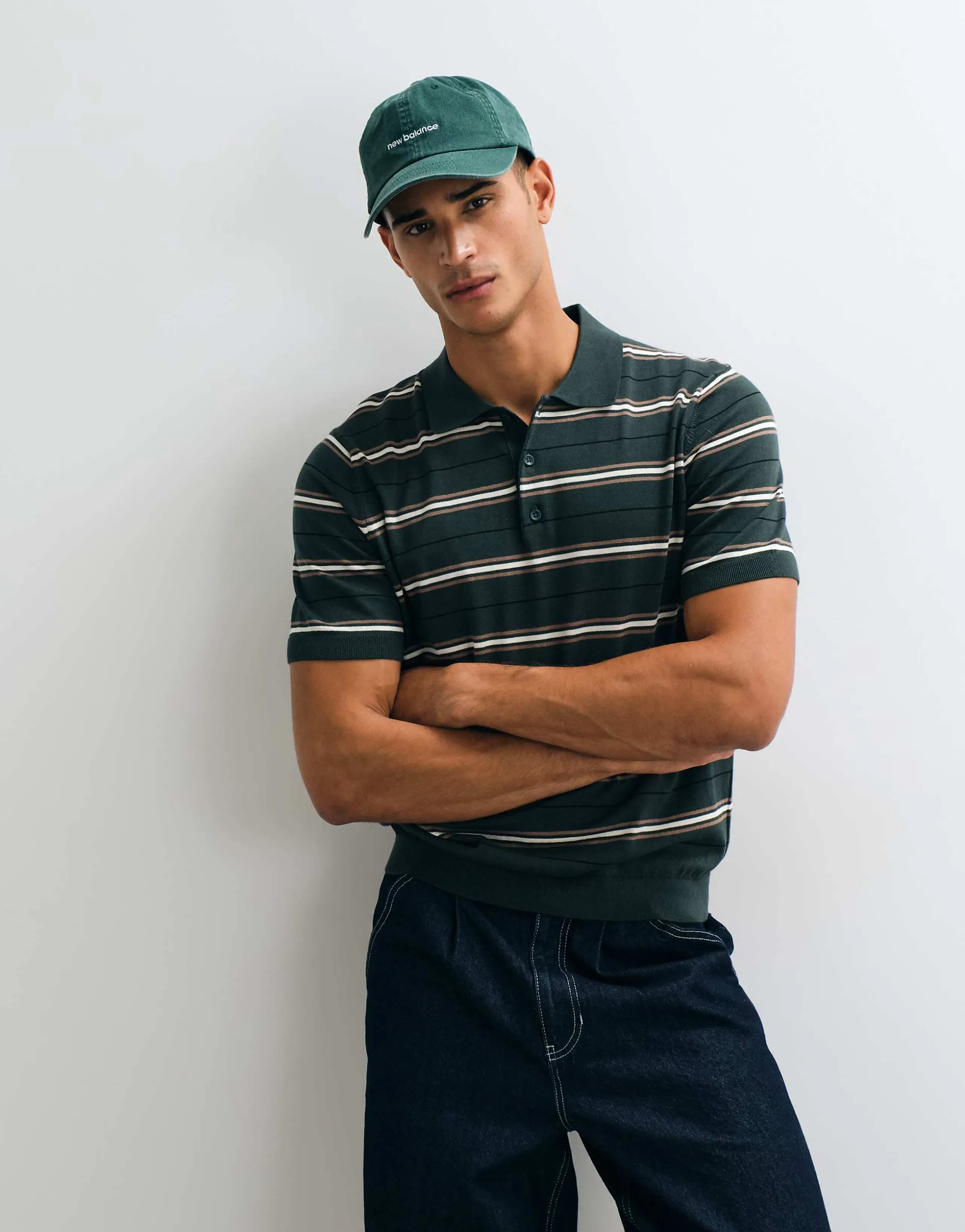 Mango knit polo shirt in green stripes