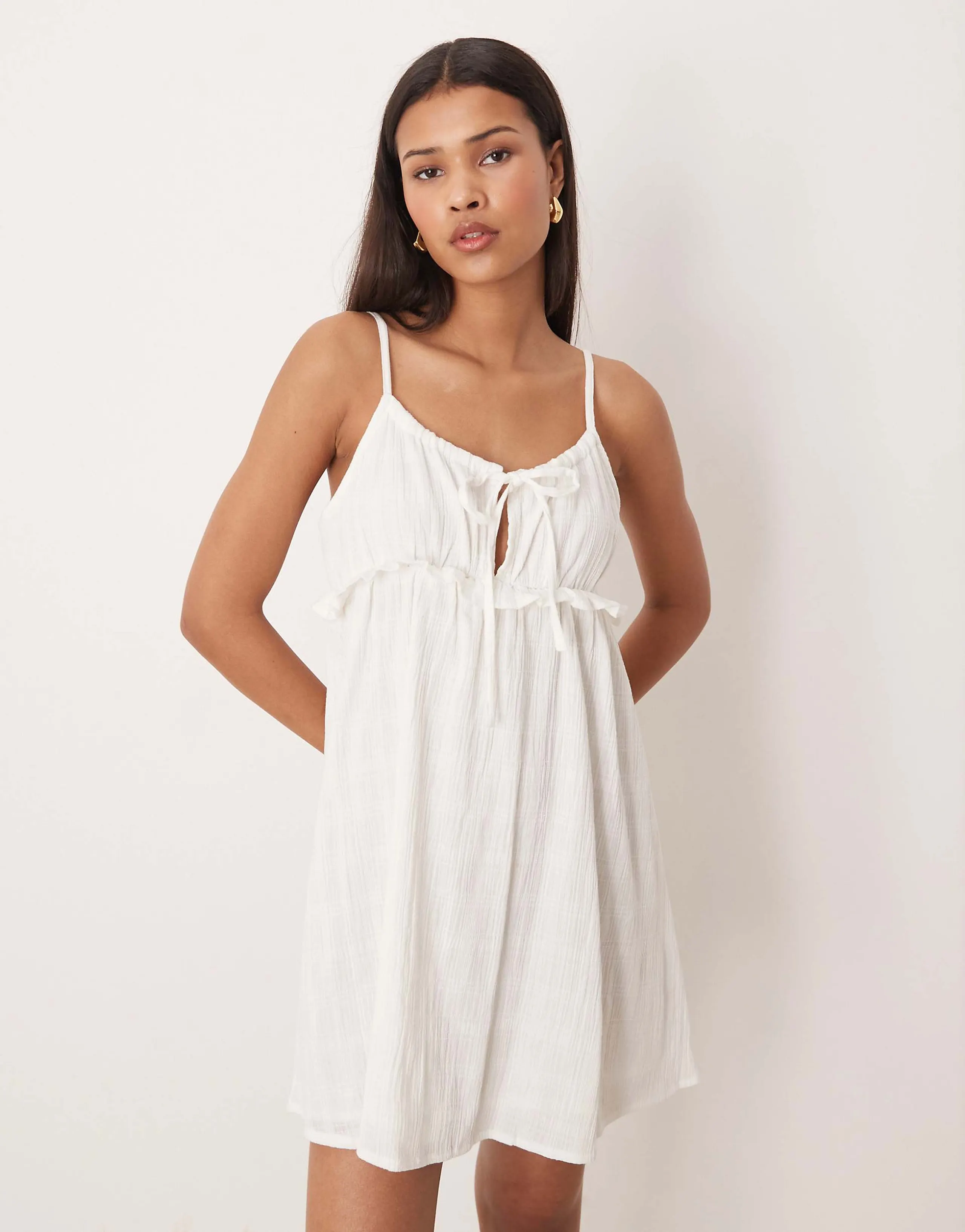 Esmée tie front strappy mini beach dress in textured white