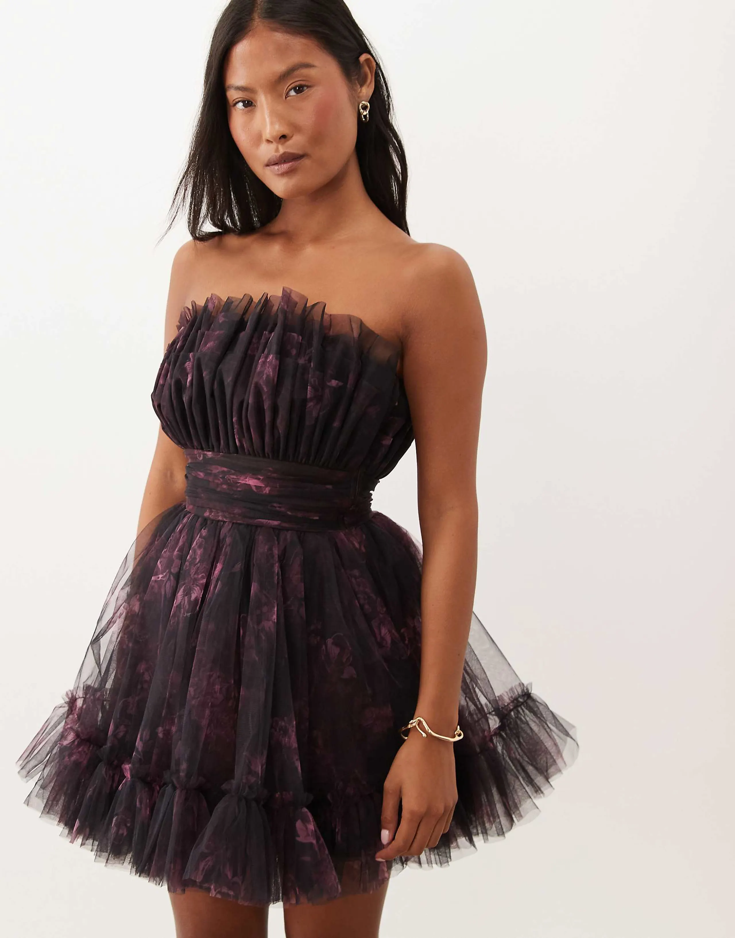 Lace & Beads Petite structured strapless flippy tulle mini dress in plum floral