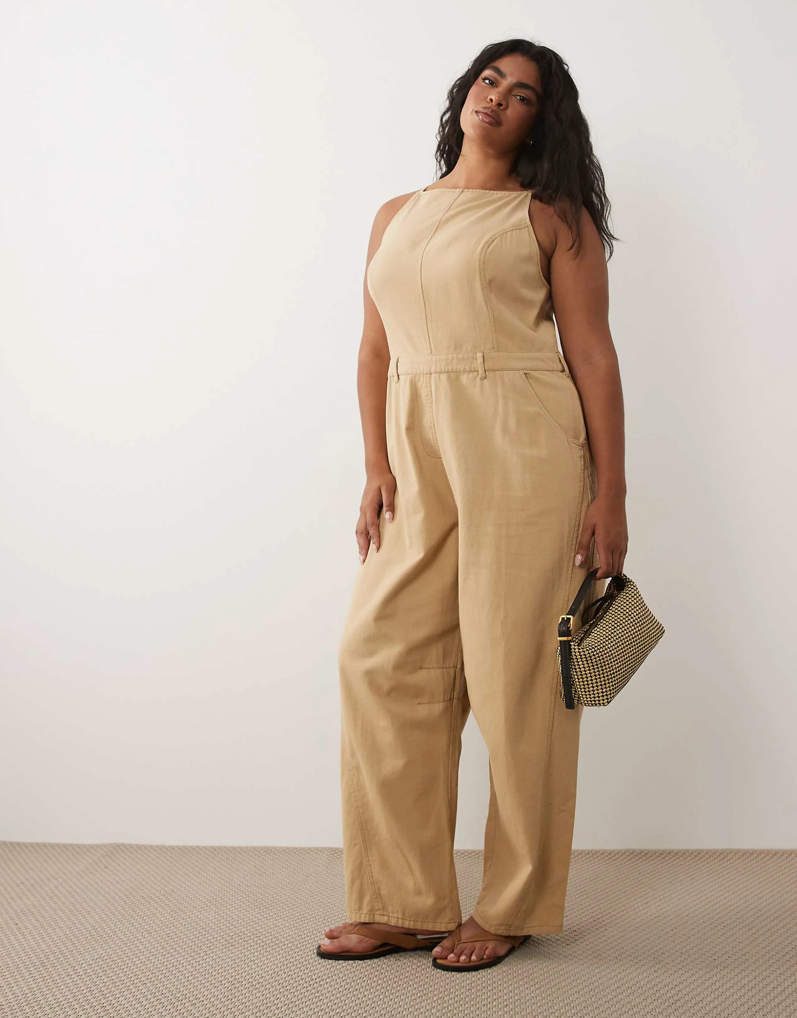 ASOS DESIGN Curve twill jumpsuit with seam details in washed stone