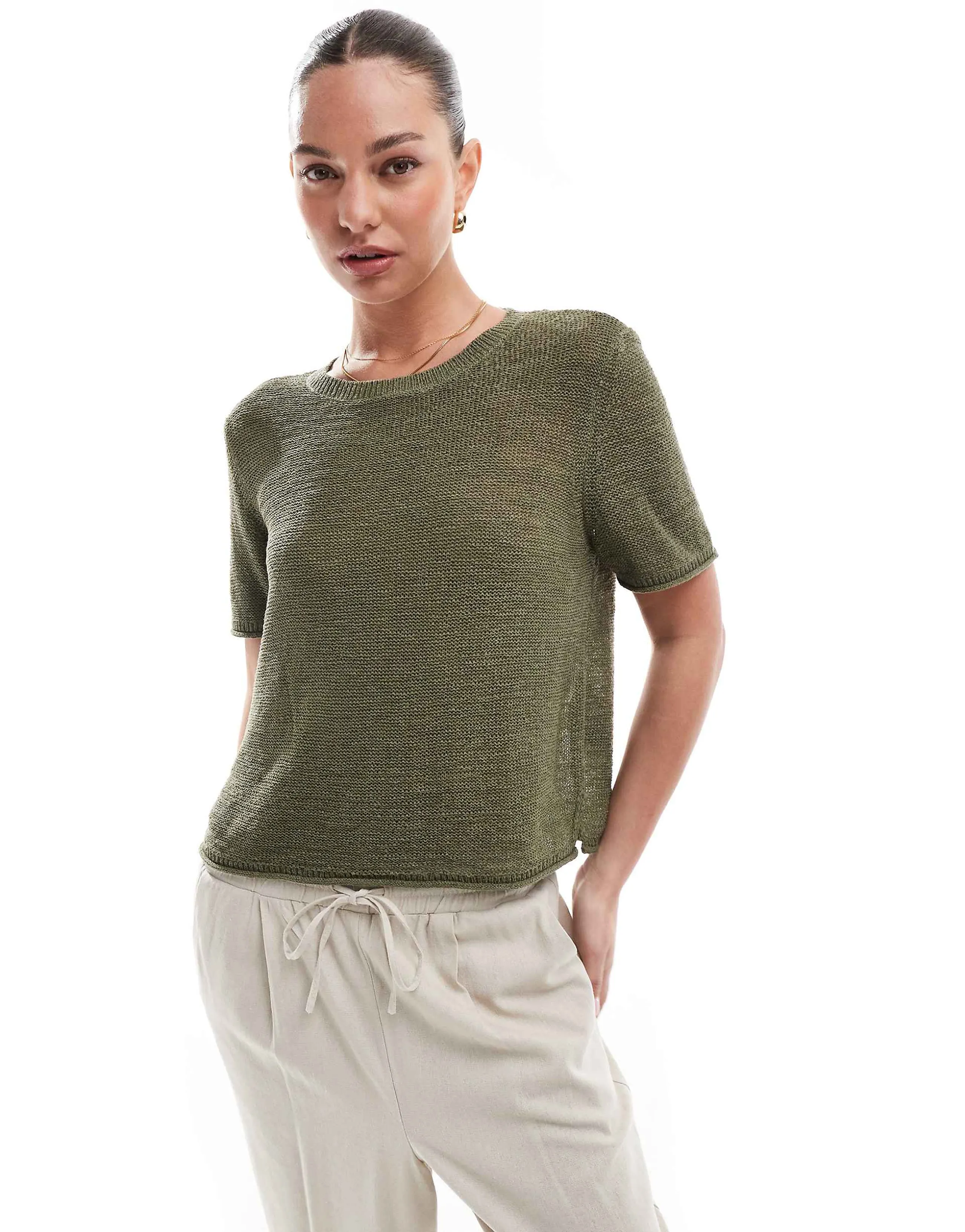 ONLY lightweight open knit T-shirt in khaki