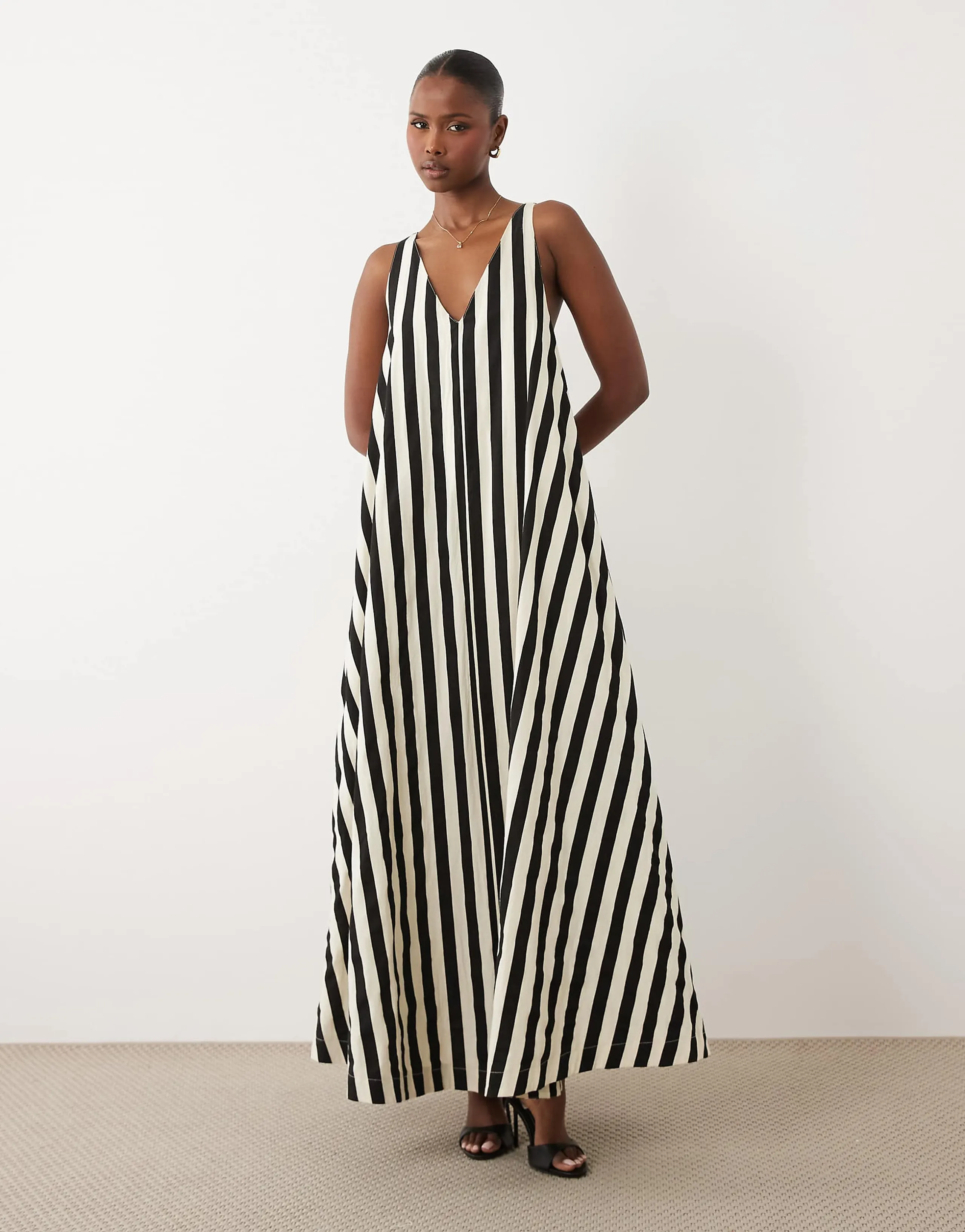 4th & Reckless cotton twist back detail trapeze maxi dress in brown & white stripe