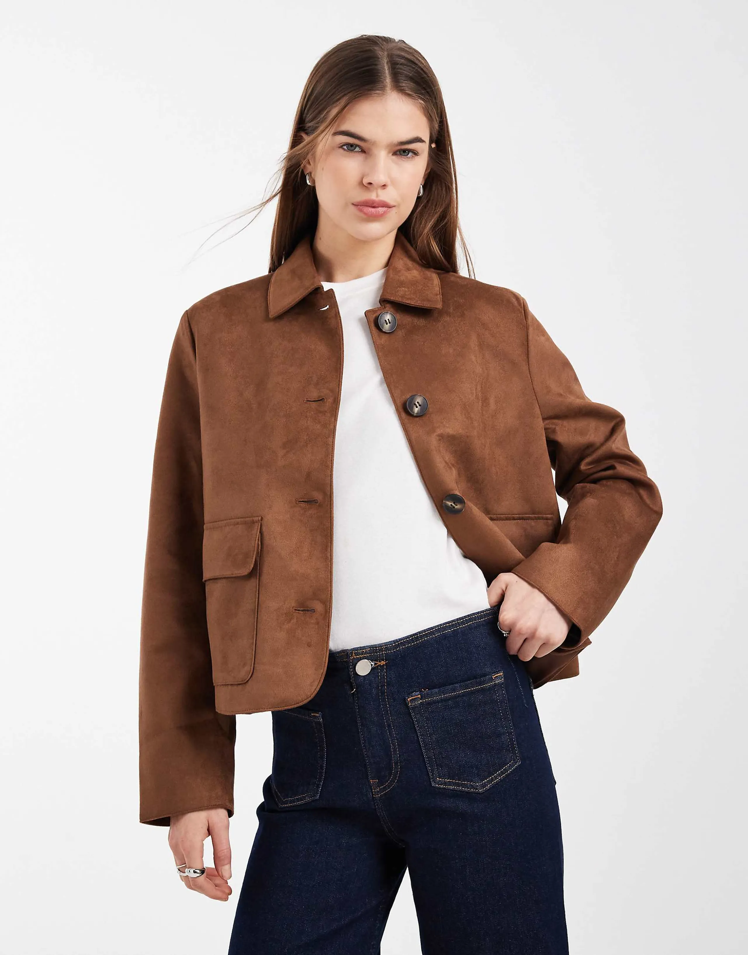 Vero Moda soft stretch faux suede short jacket in cognac