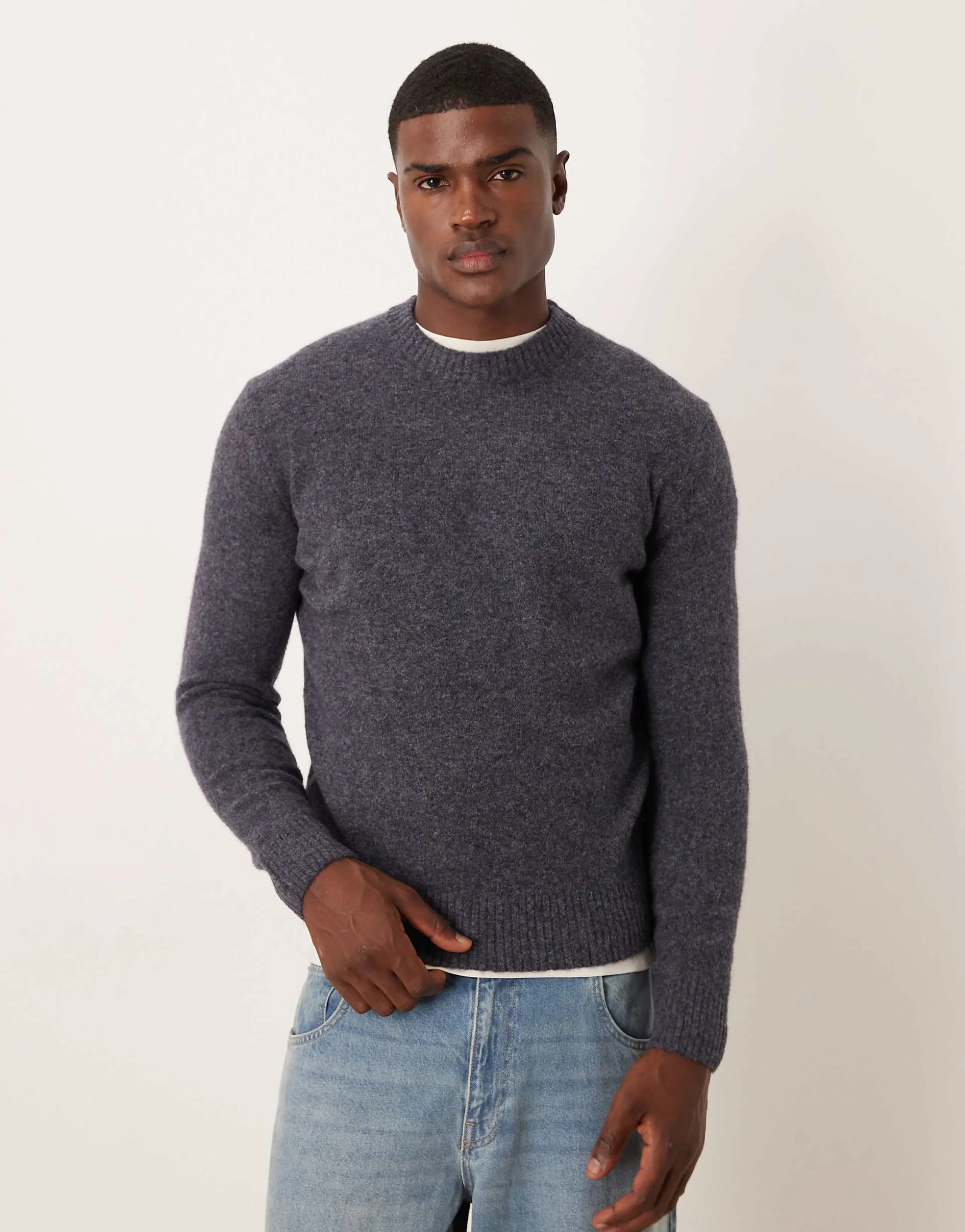 Mango wool mix knit crew neck sweater in deep blue