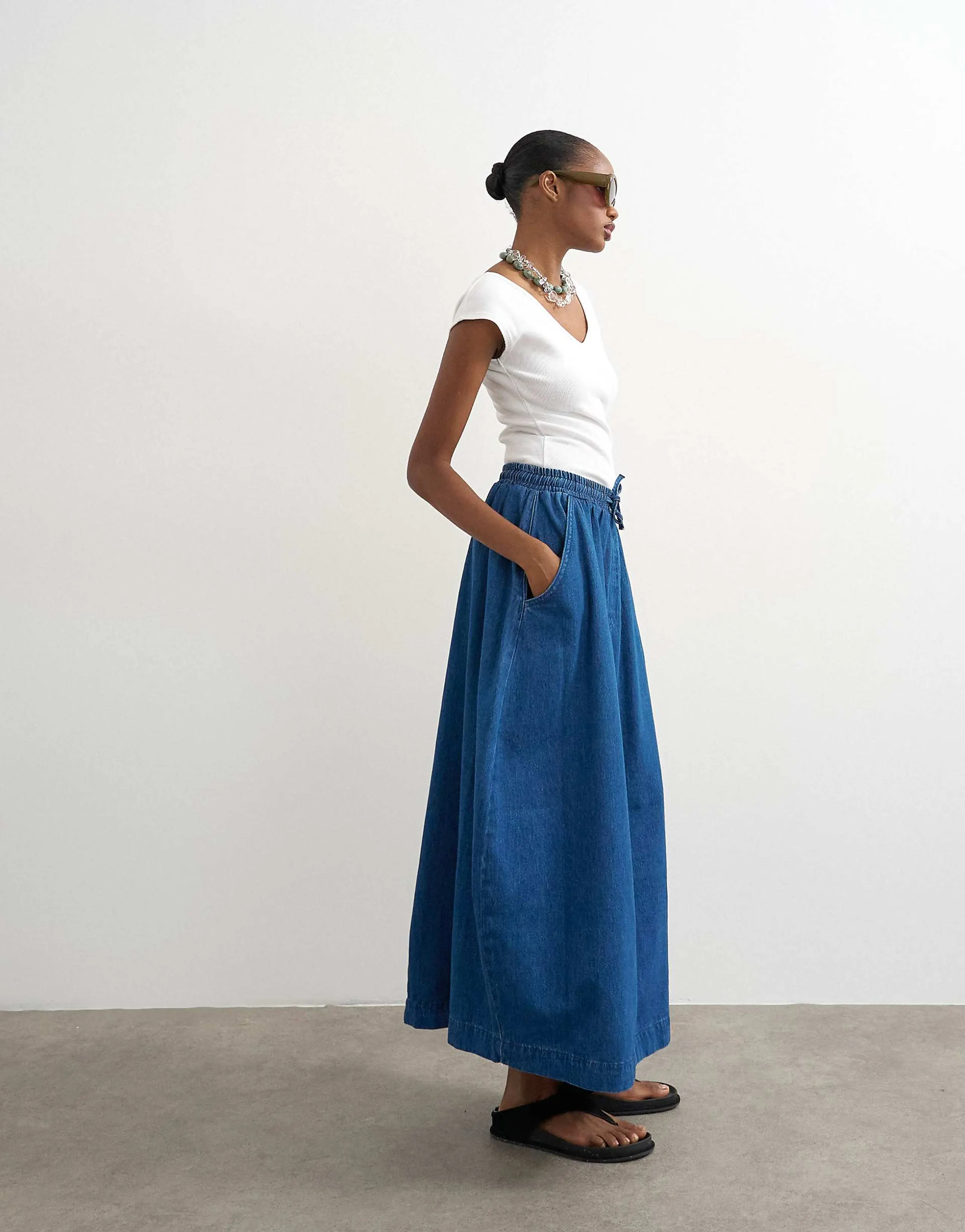 Topshop denim pull on midaxi skirt in rich blue
