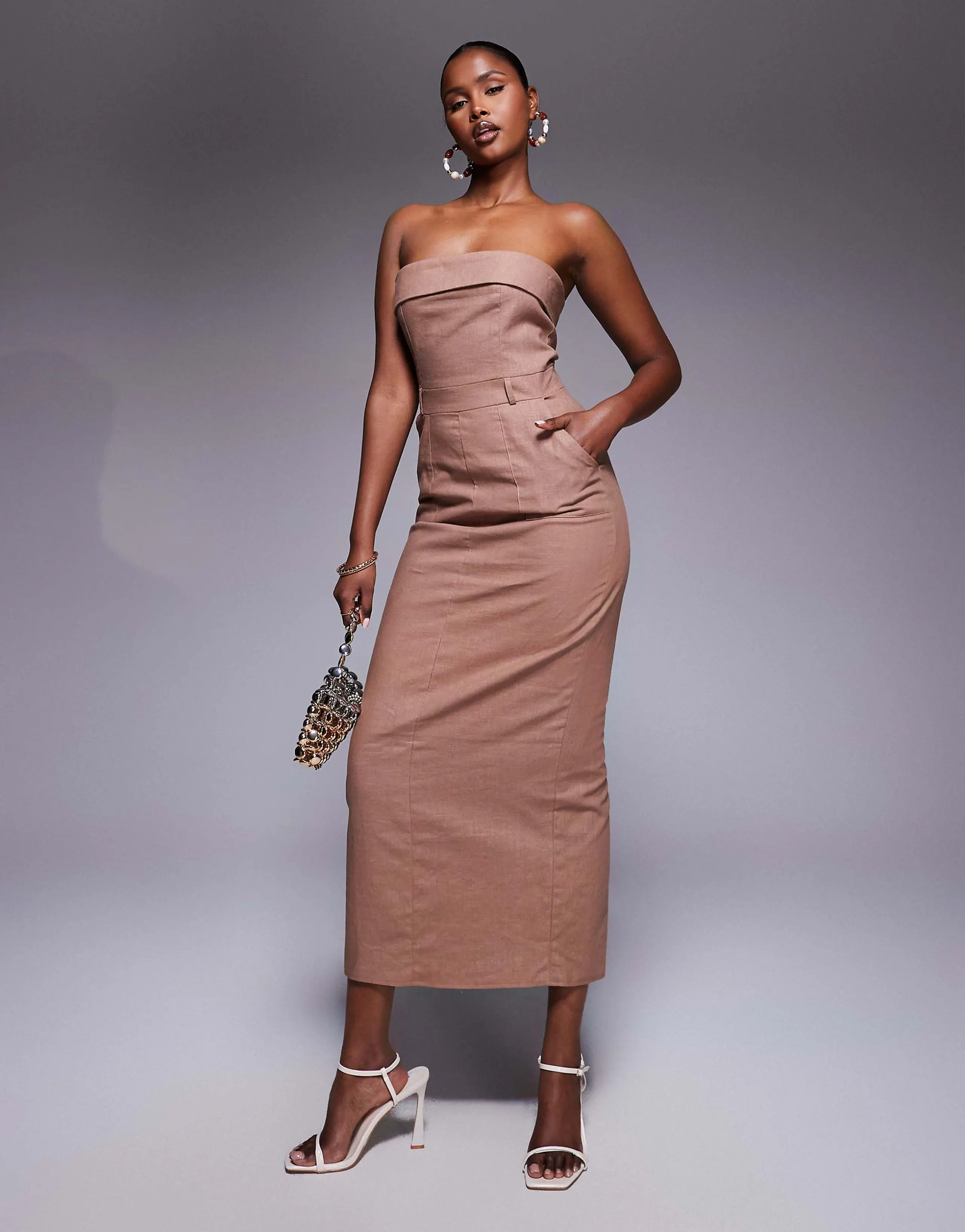 Kaiia exclusive linen mix tailored fold over bandeau back split maxi dress in brown