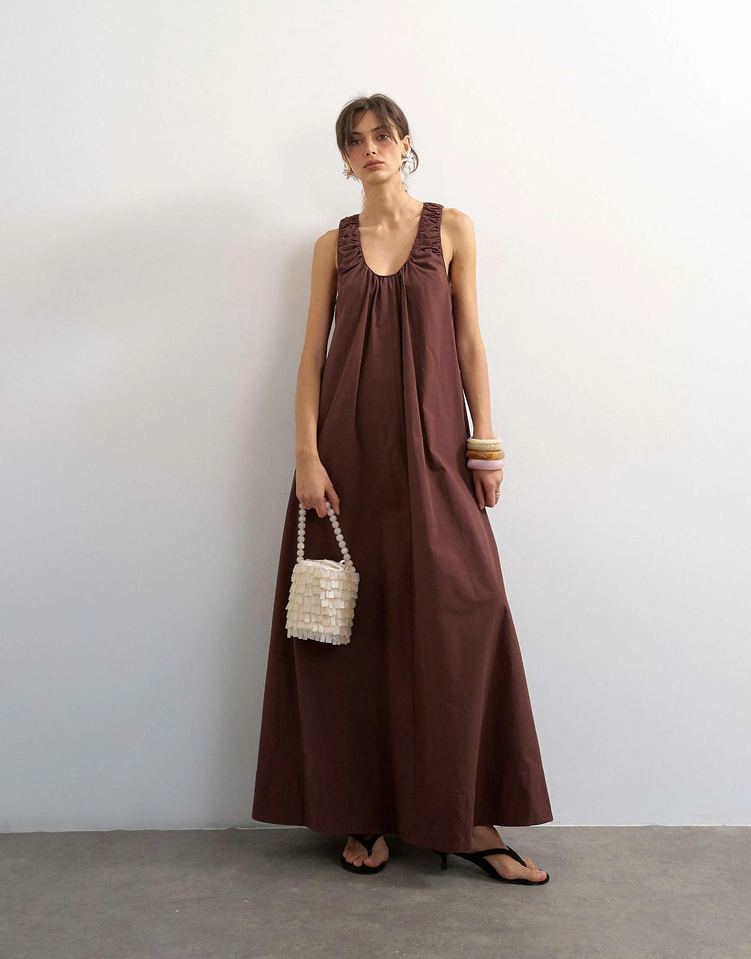Topshop cotton poplin ruched neck maxi sundress in chocolate