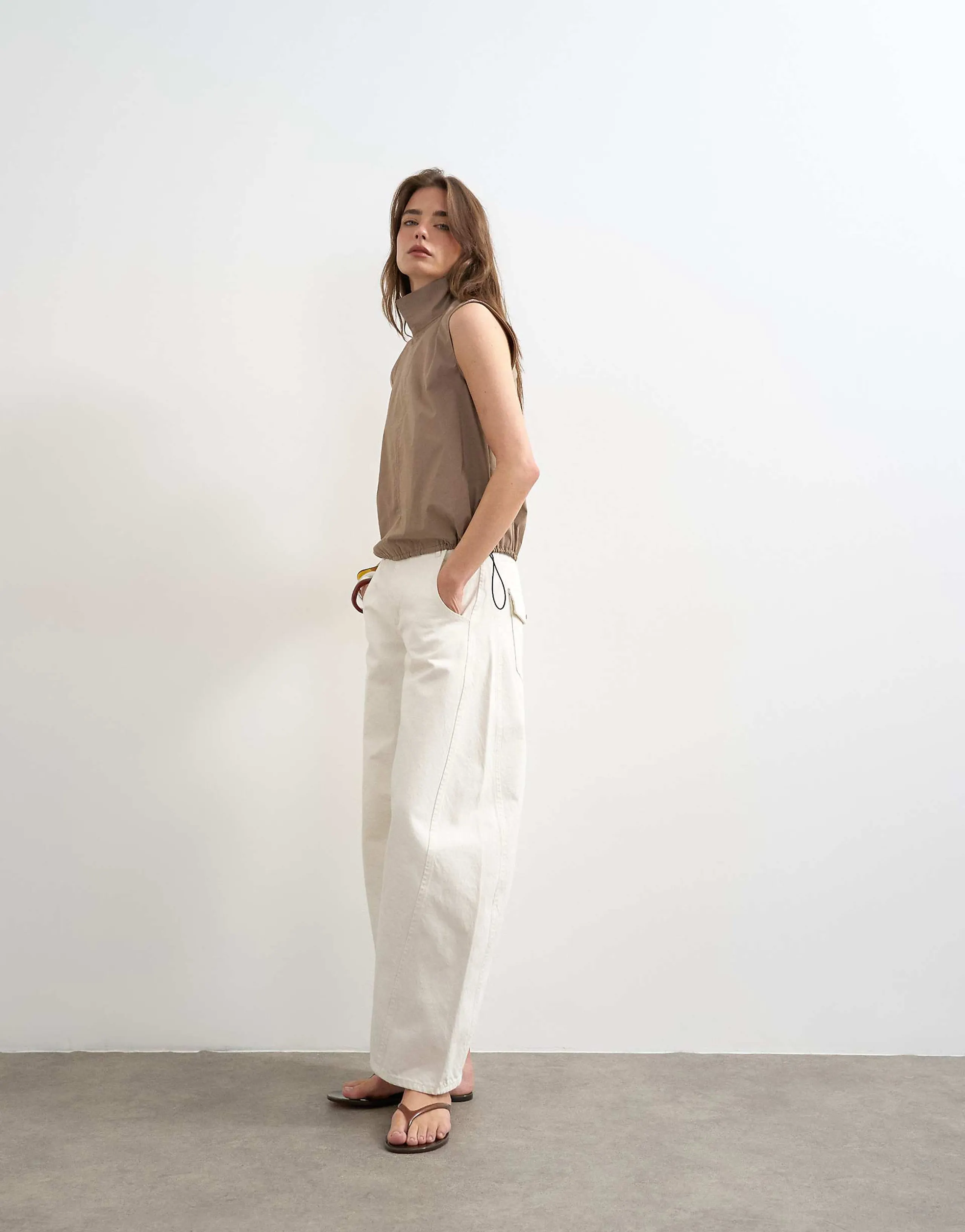 Topshop performance fabric funnel neck drawstring hem top in mocha