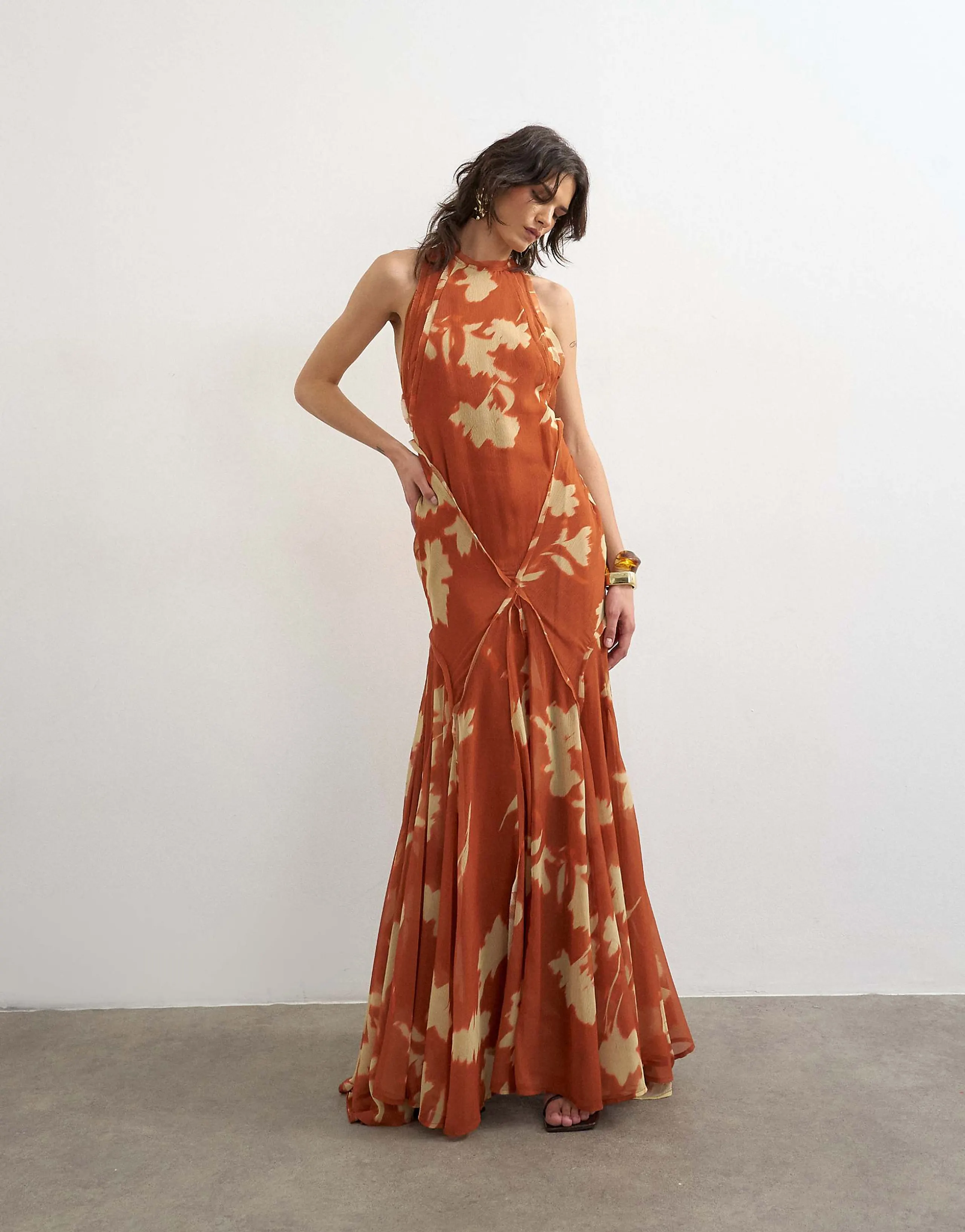 Topshop premium high neck open back maxi dress in spaced orange floral