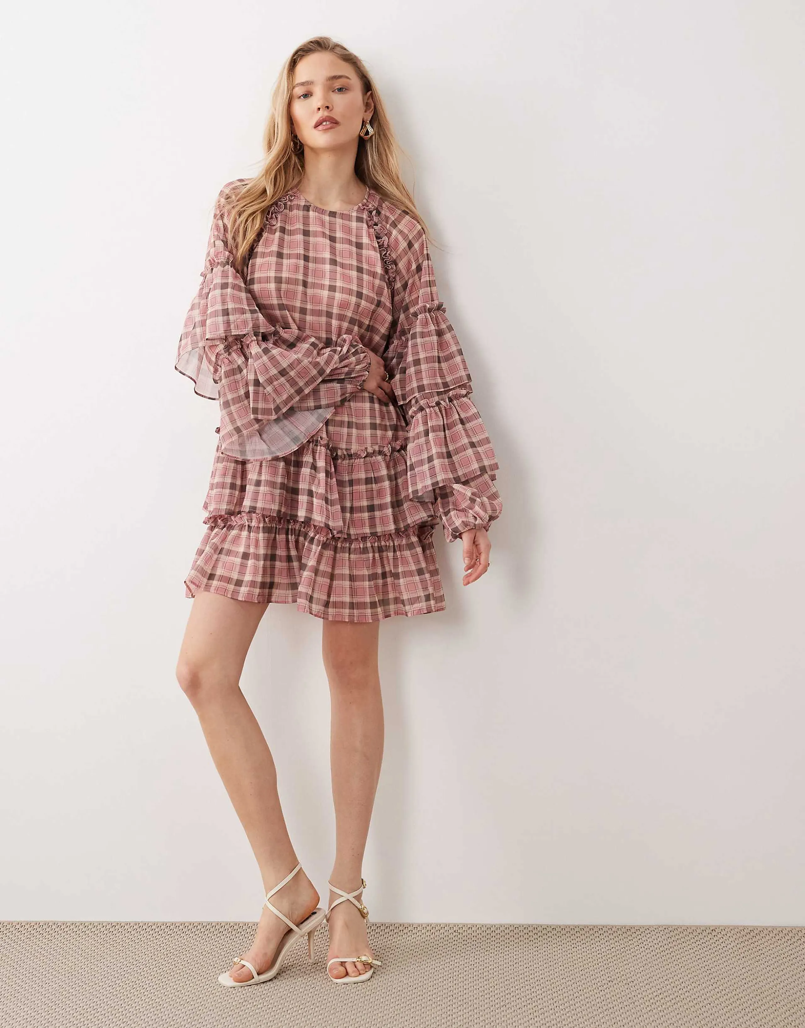 YAS ruffle chiffon smock mini dress in pink and mauve plaid print