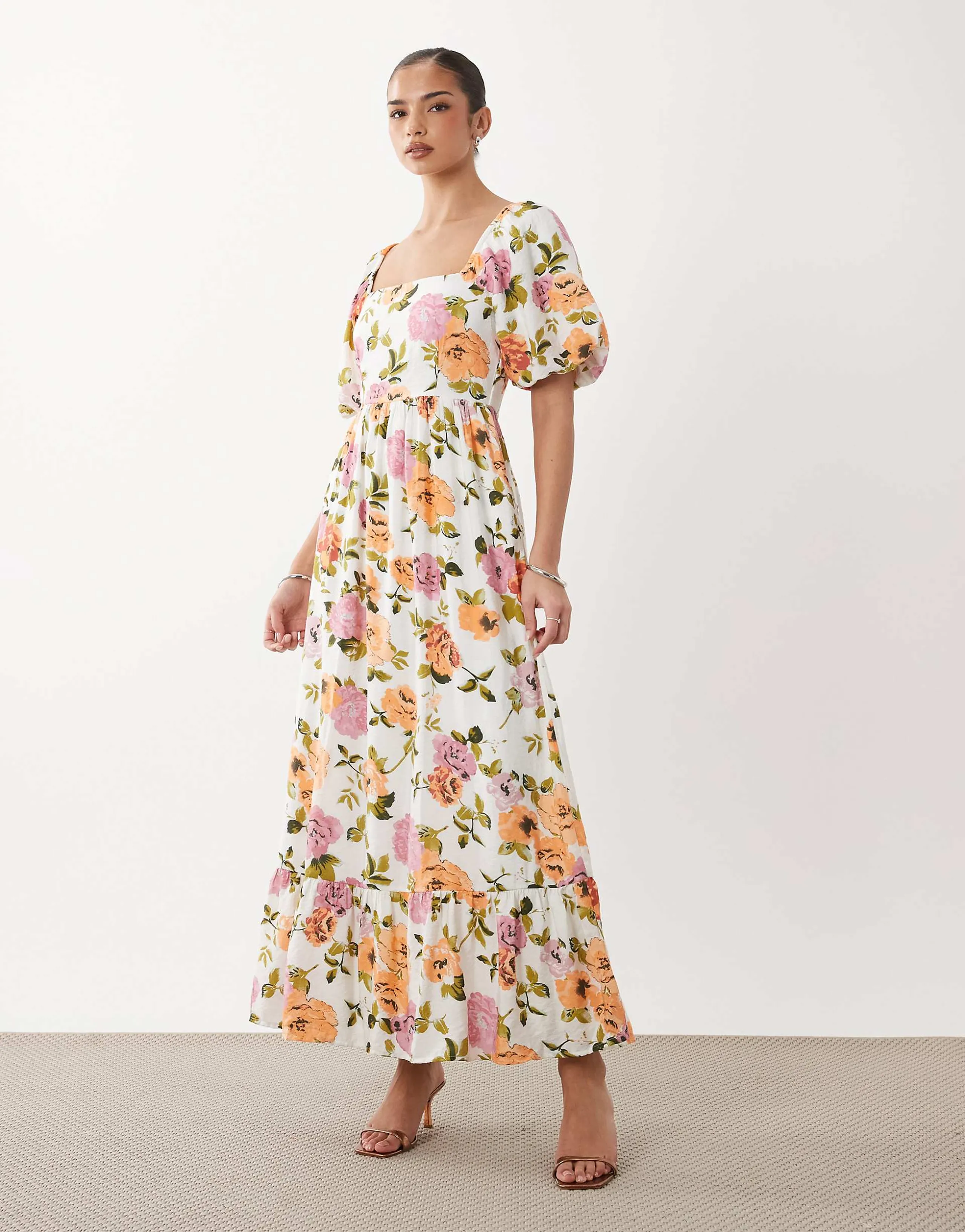 VILA volume sleeve tiered maxi dress in white floral print
