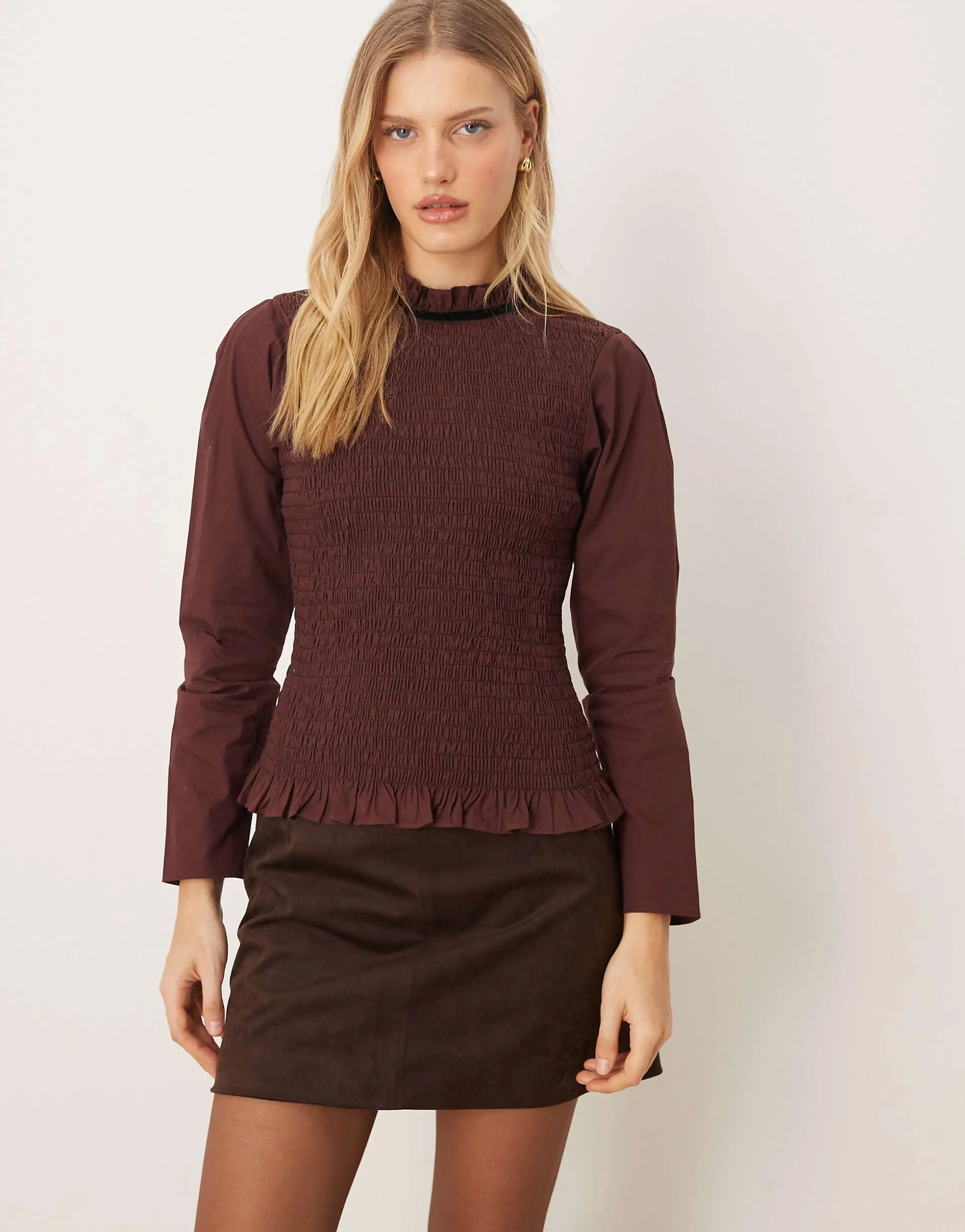 ASOS DESIGN long sleeve smocked top with open back in brown