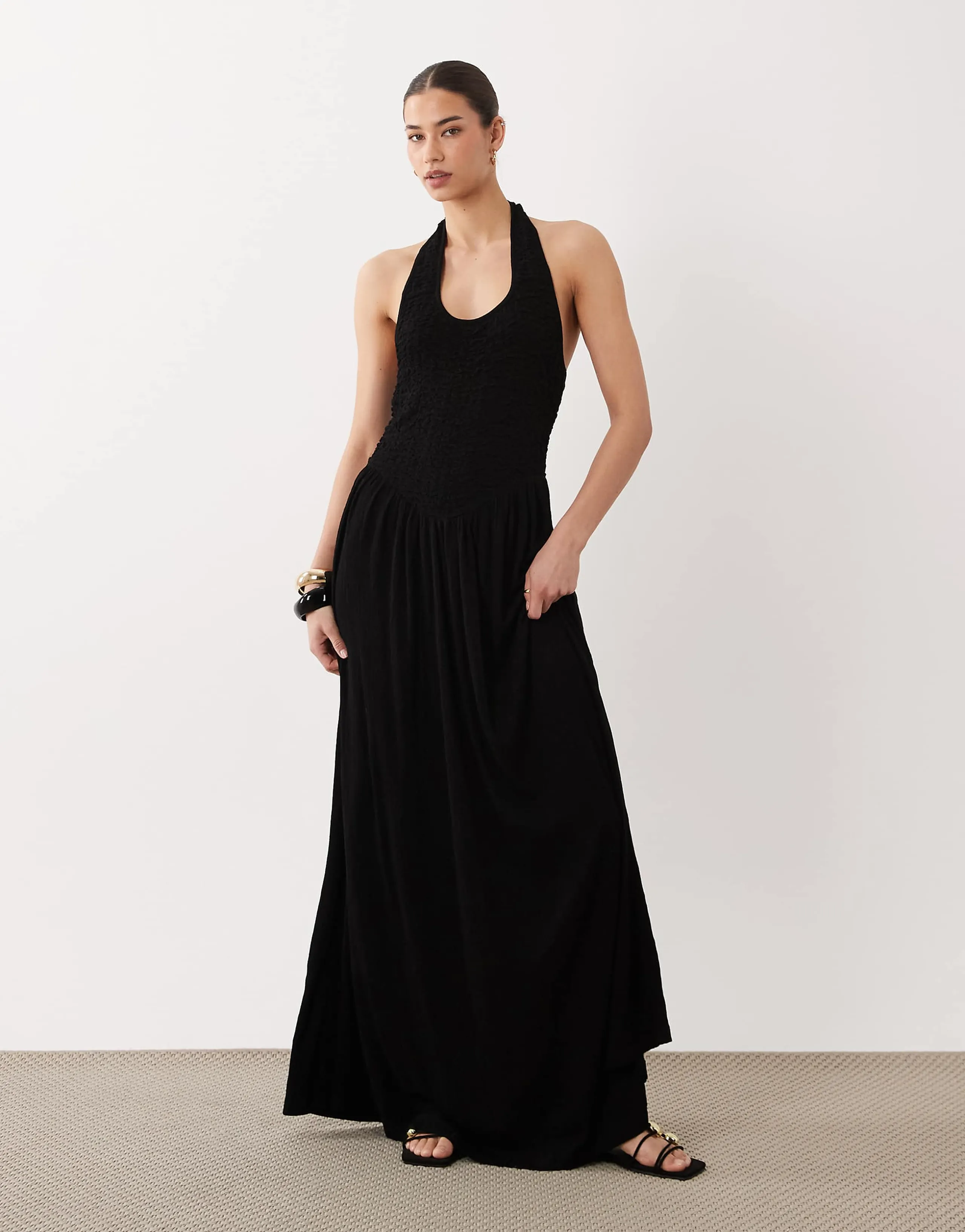 ASOS DESIGN crinkle halter neck midi dress in black
