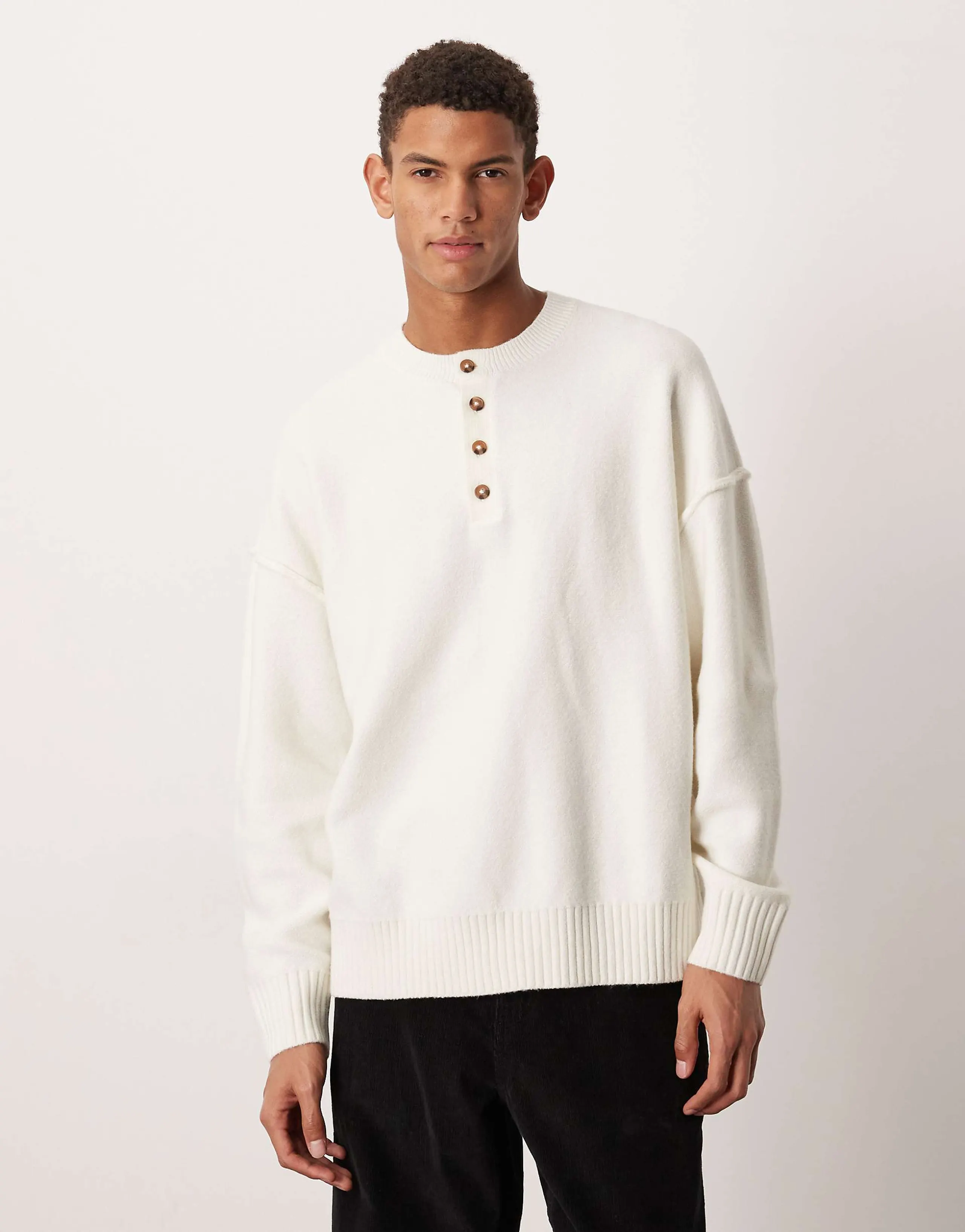 ASOS DESIGN relaxed knit fluffy henley sweater in ecru