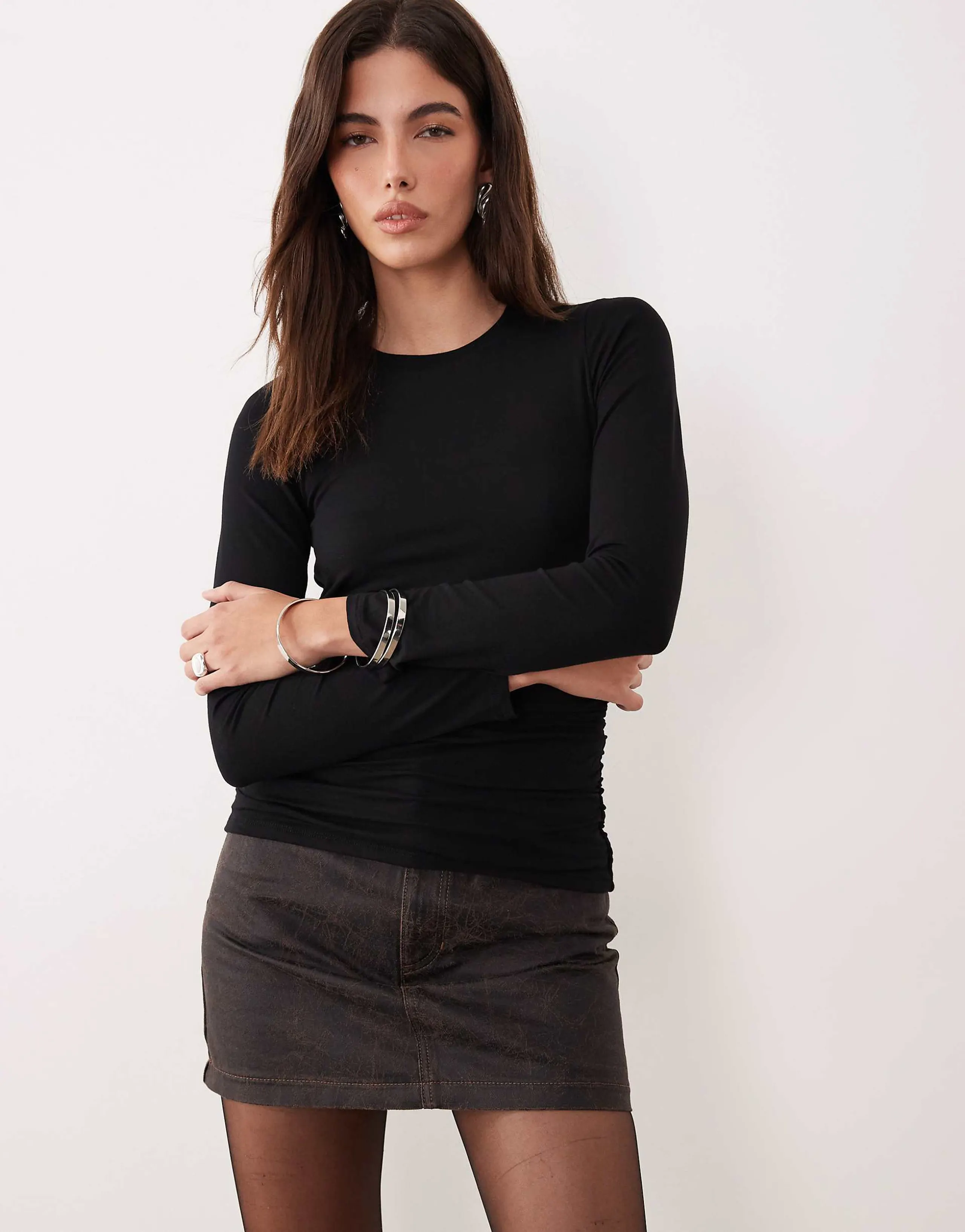 Nobody's Child ruched side long sleeved T-shirt in black