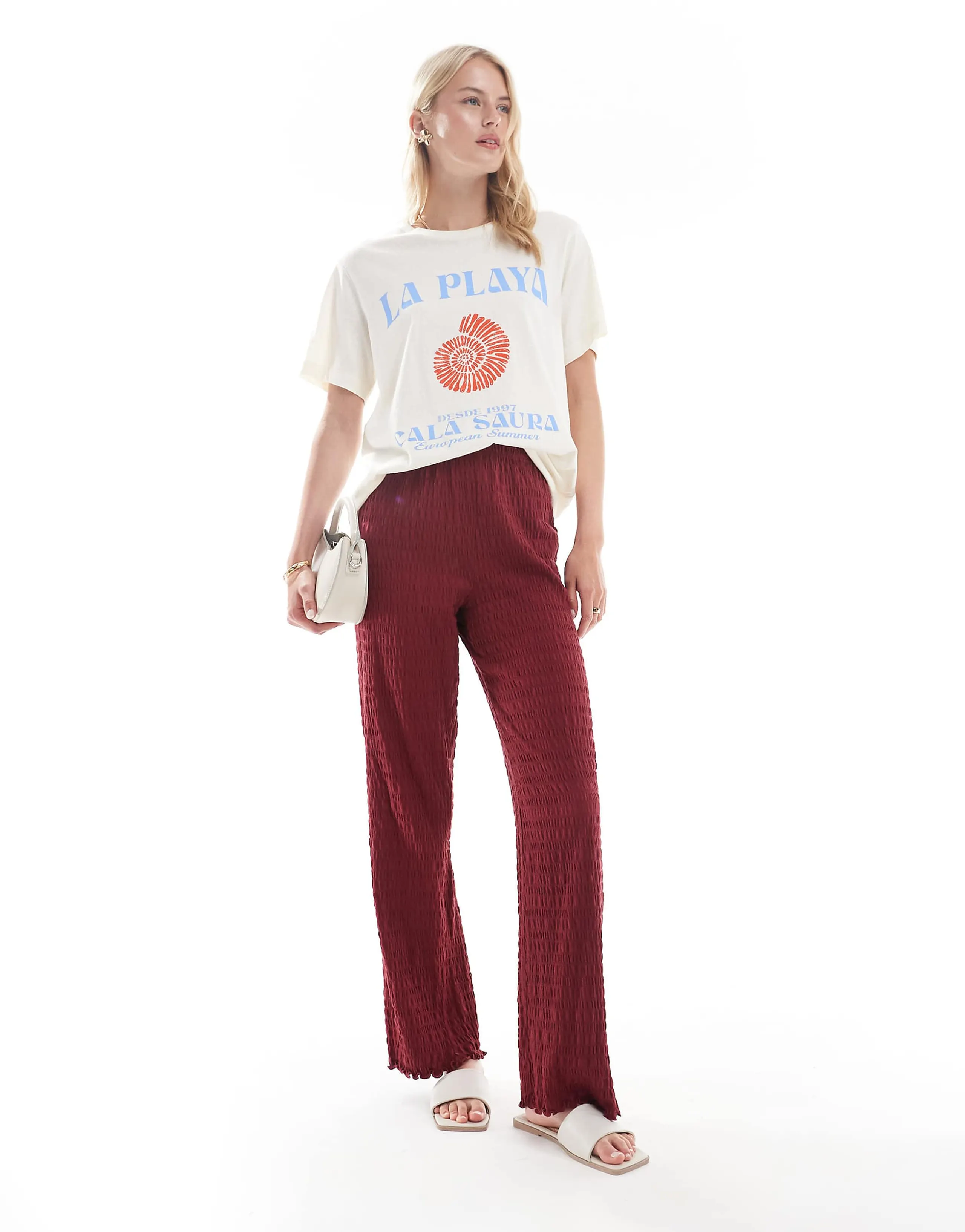 ONLY Tall relaxed fit shirred pants in burgundy