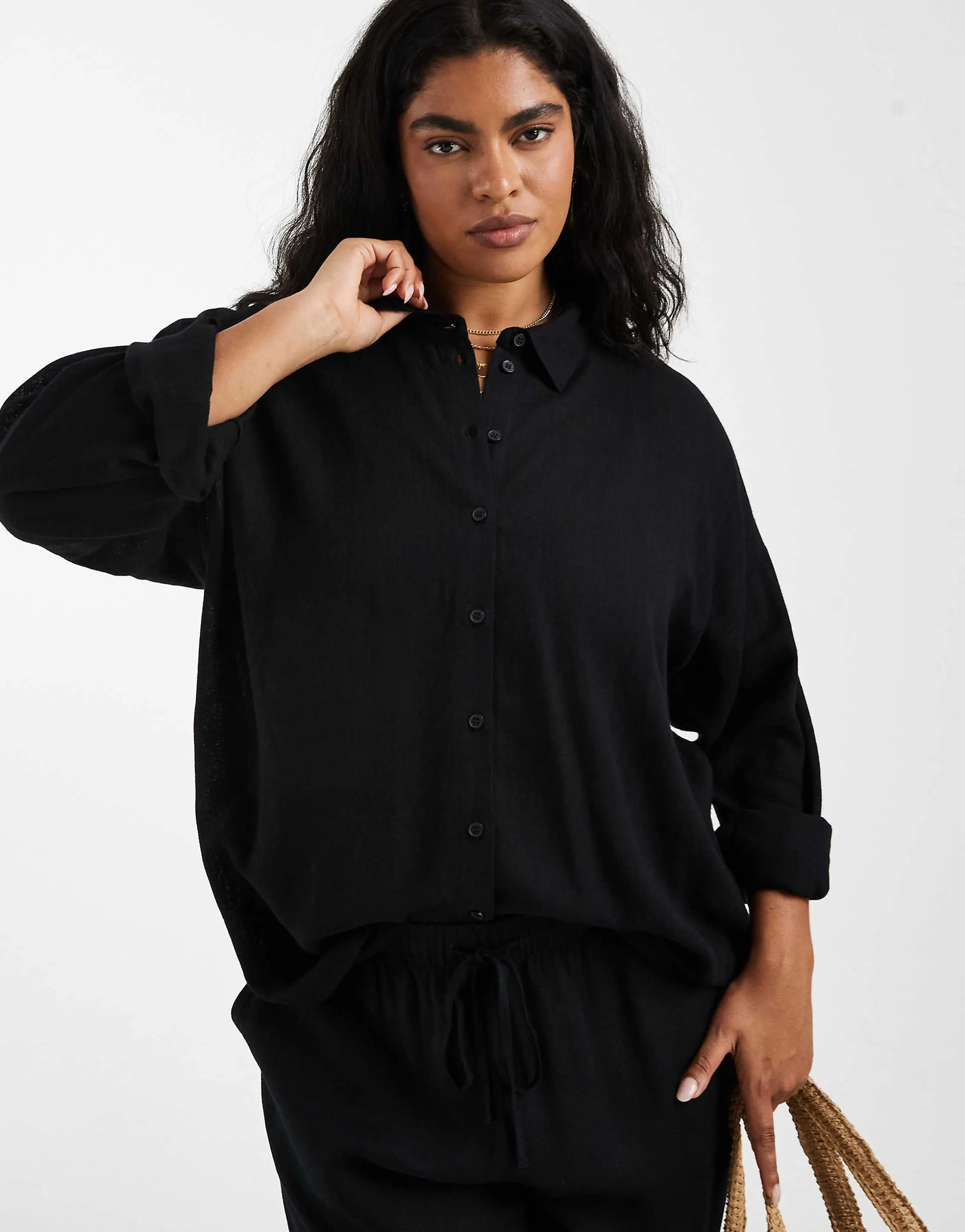 Noisy May Curve linen mix shirt in black