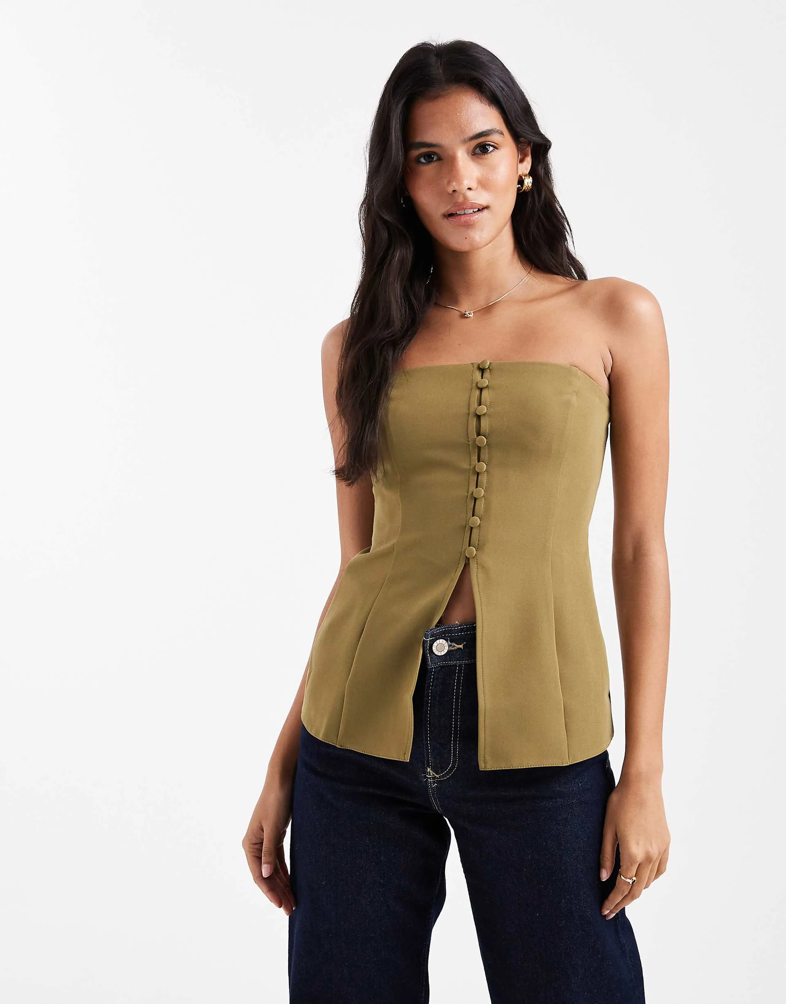 ASOS DESIGN button front bandeau top in olive