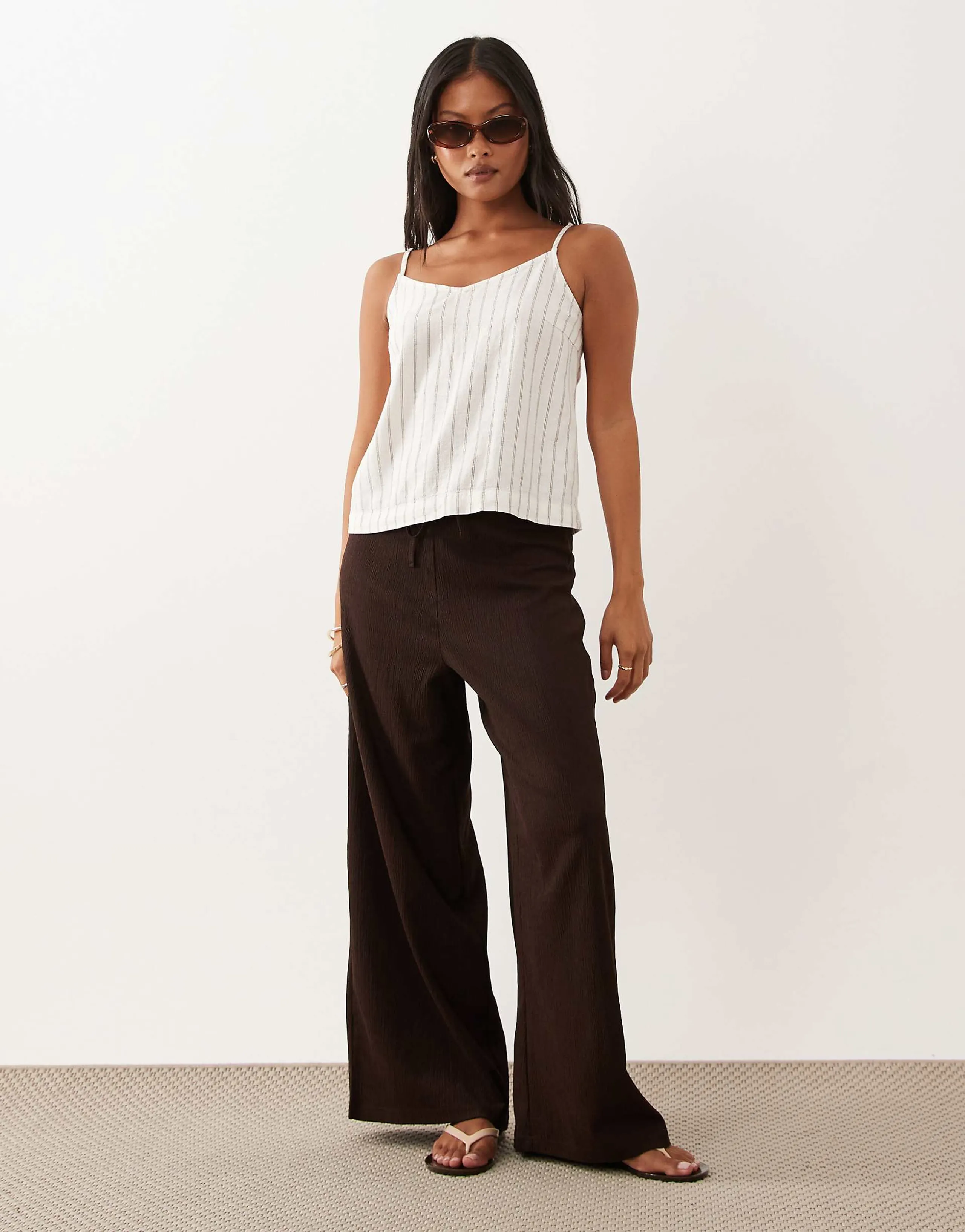 JDY Petite loose fit textured pants in chocolate brown