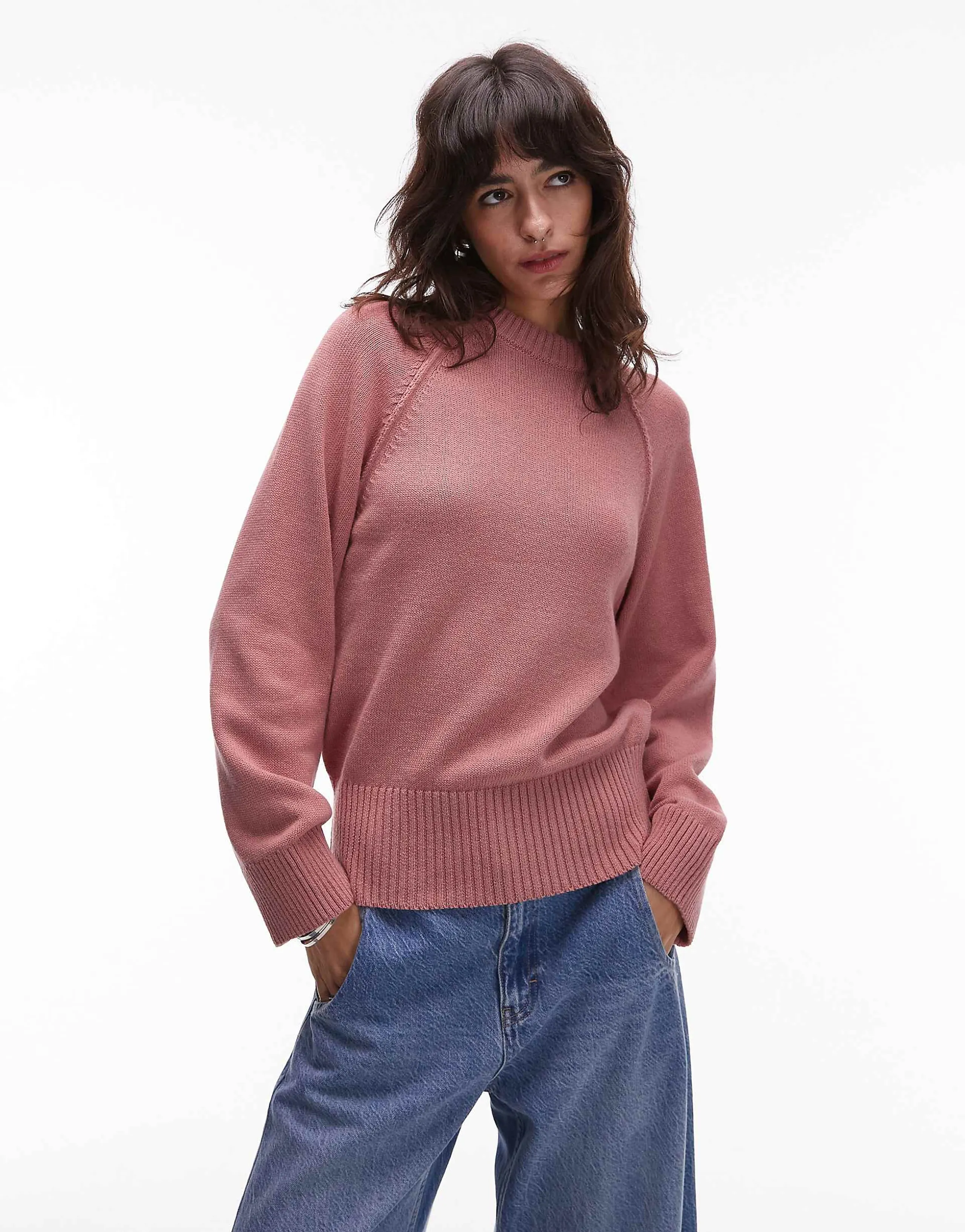 ASOS DESIGN knit crew neck sweater with raglan sleeves in pink