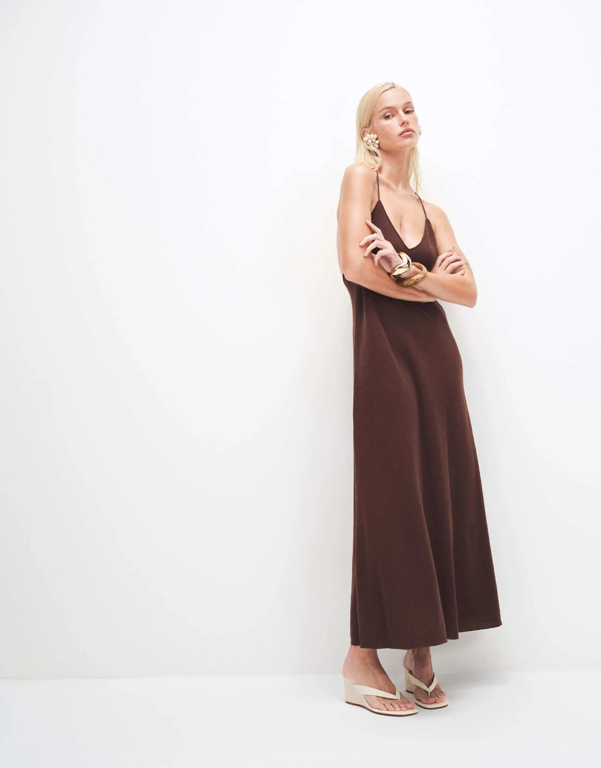 Mango backless beaded strappy maxi dress in brown