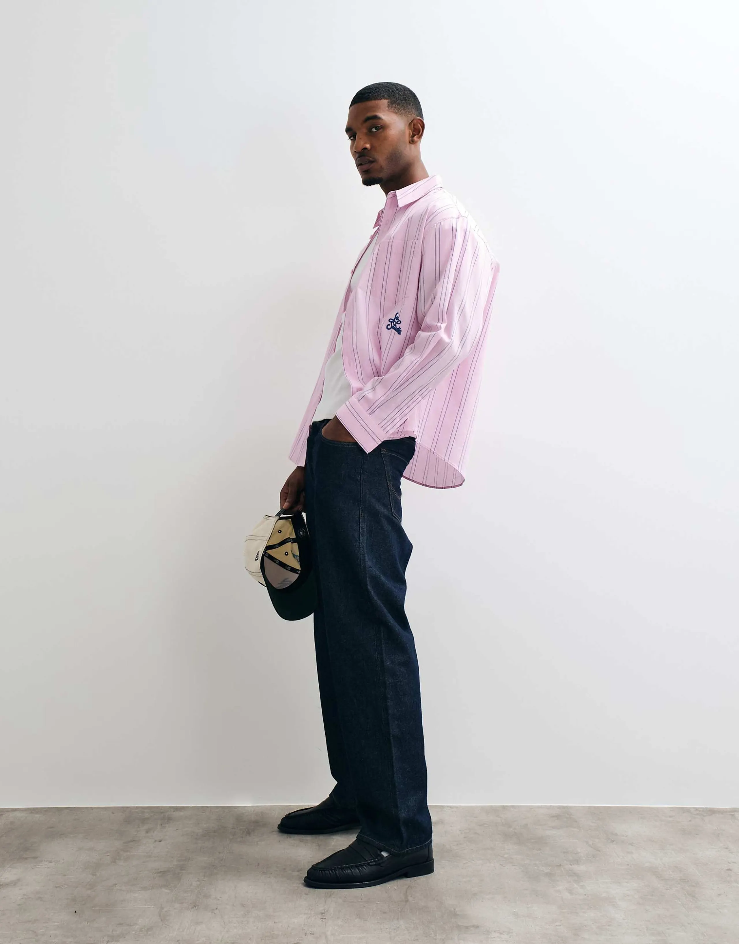 ASOS DESIGN oversized striped shirt with placement embroidery in pink