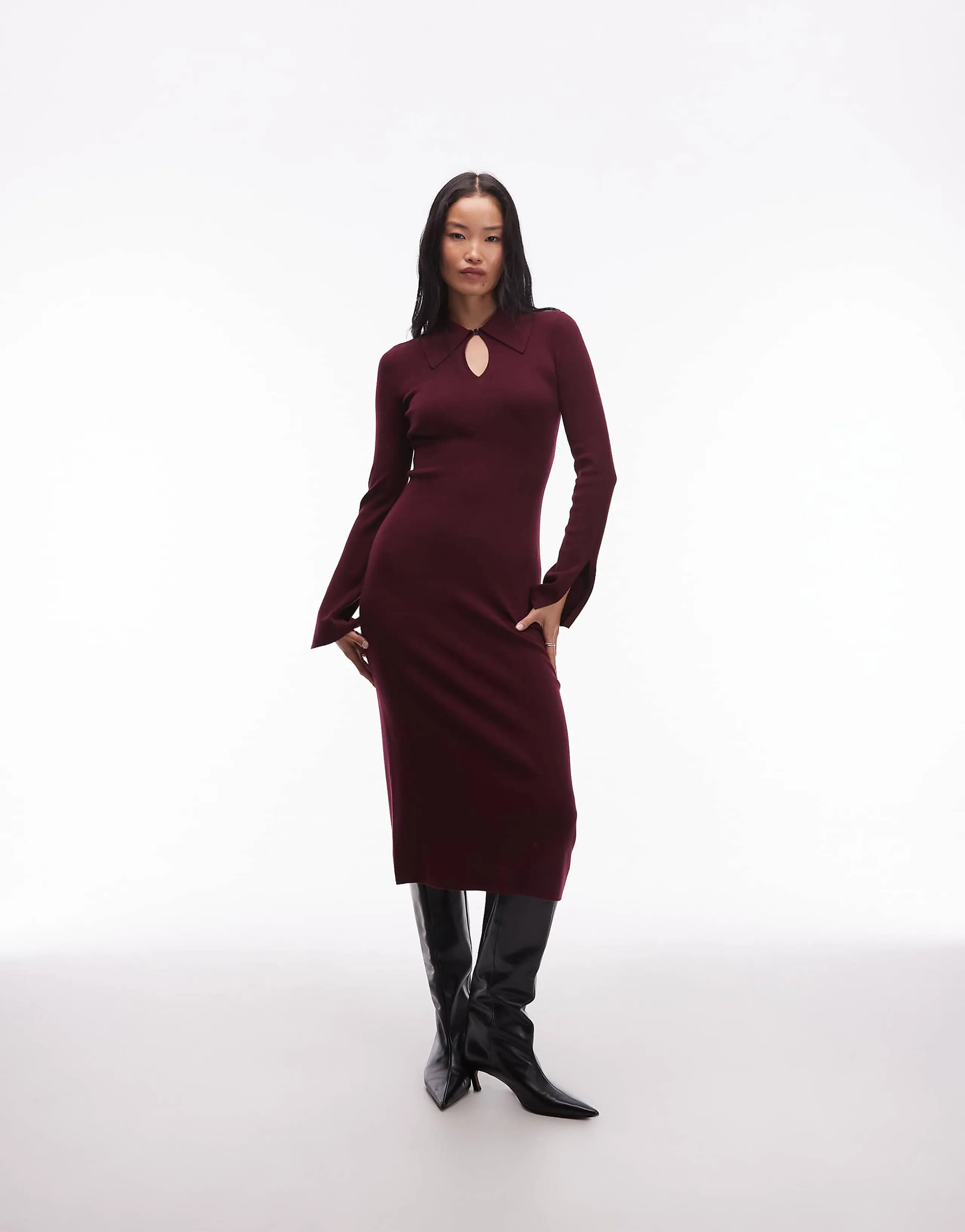 & Other Stories long sleeve collared knit midi dress in dark red burgundy
