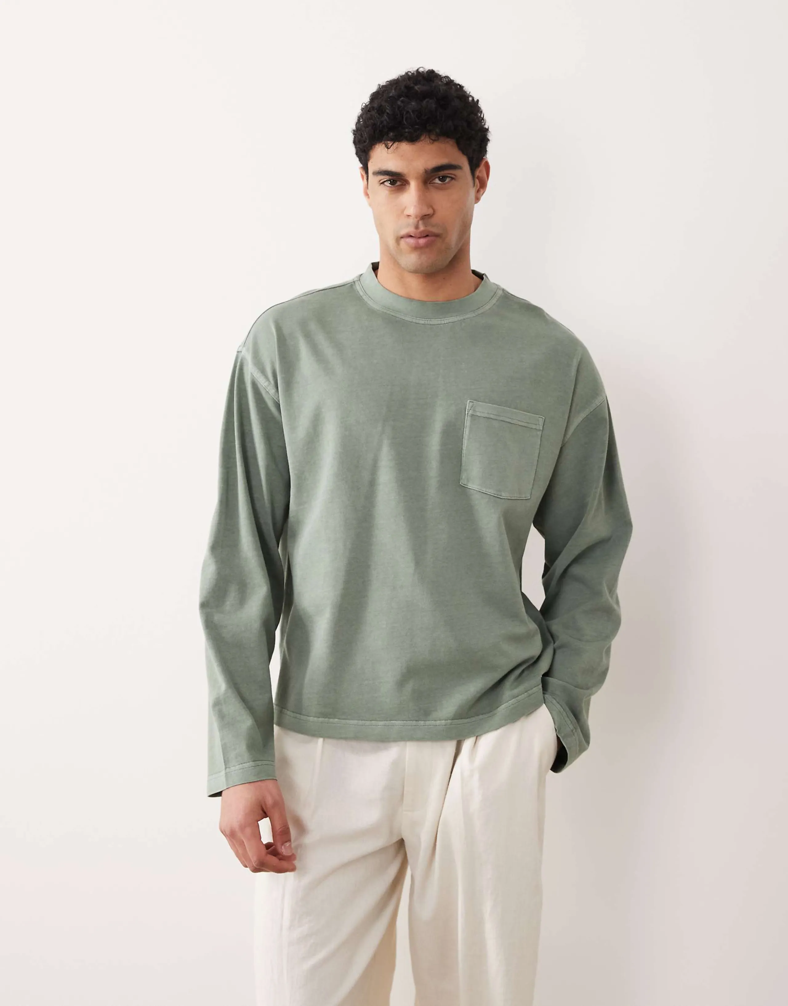 ASOS DESIGN heavyweight boxy oversized long sleeve T-shirt in washed mid green