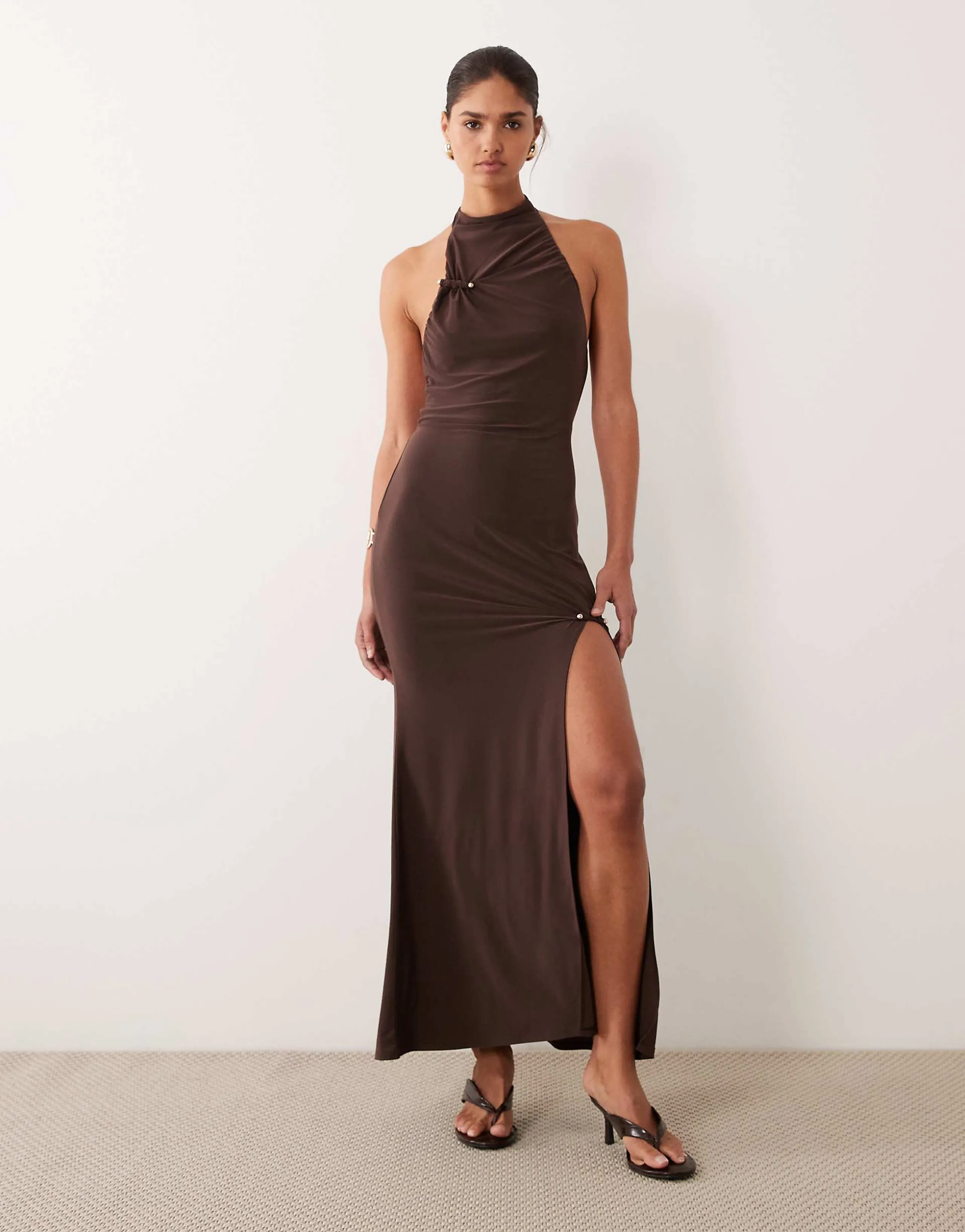 ASOS DESIGN cut away halter neck maxi dress with hardware details in brown