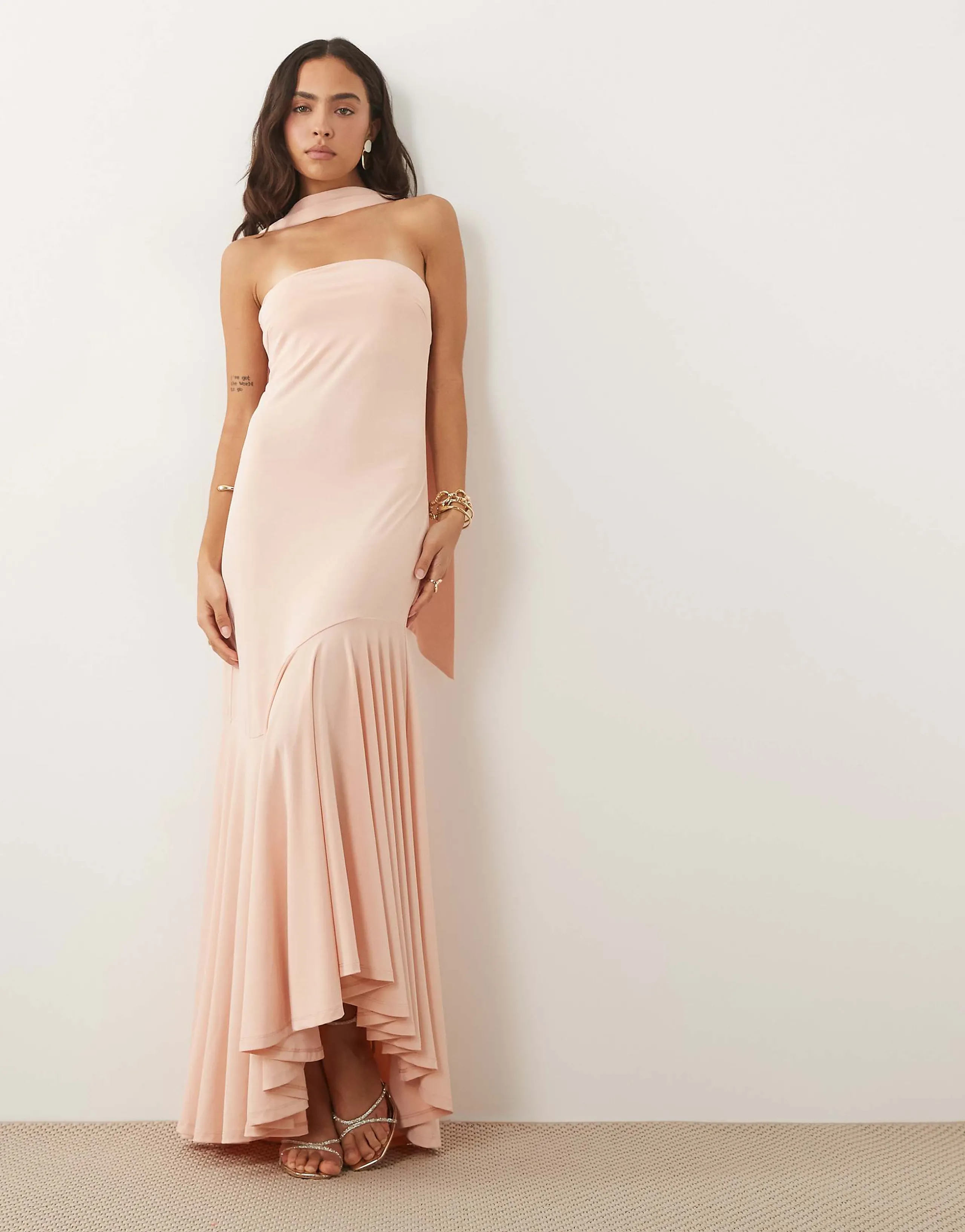 YAS bandeau scarf detail maxi dress in pale pink