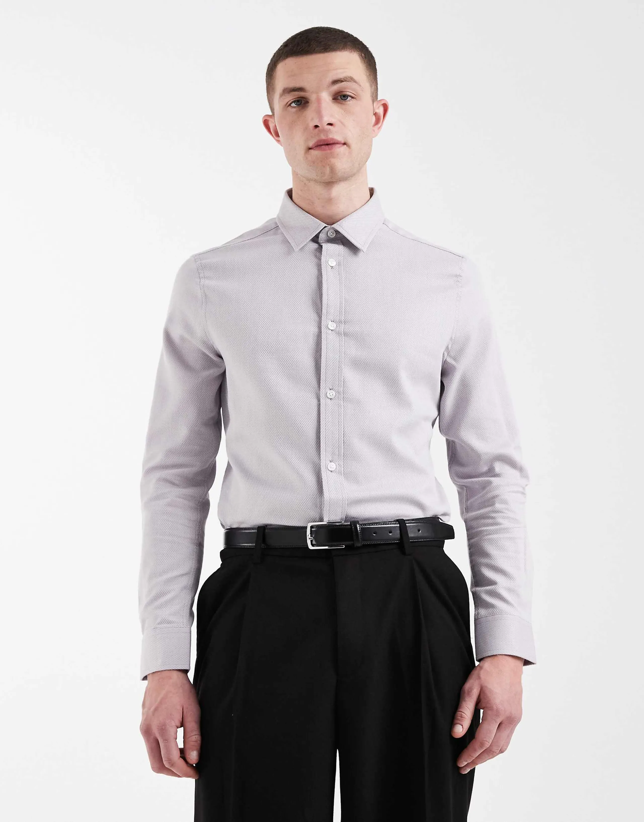 ASOS DESIGN easy iron slim fit textured dress shirt in light gray