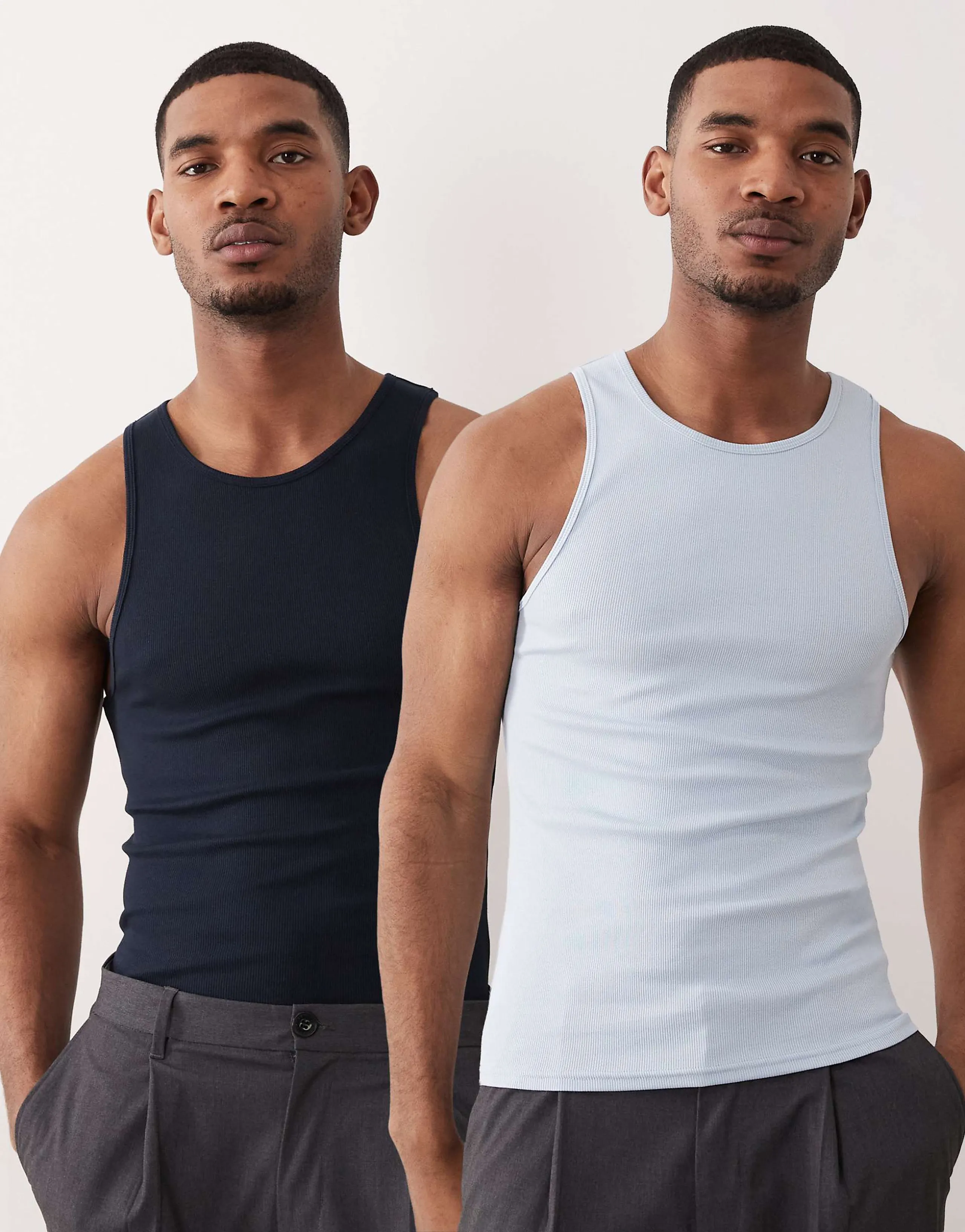 ASOS DESIGN Essentials 2 pack muscle fit tank top in blue and navy rib
