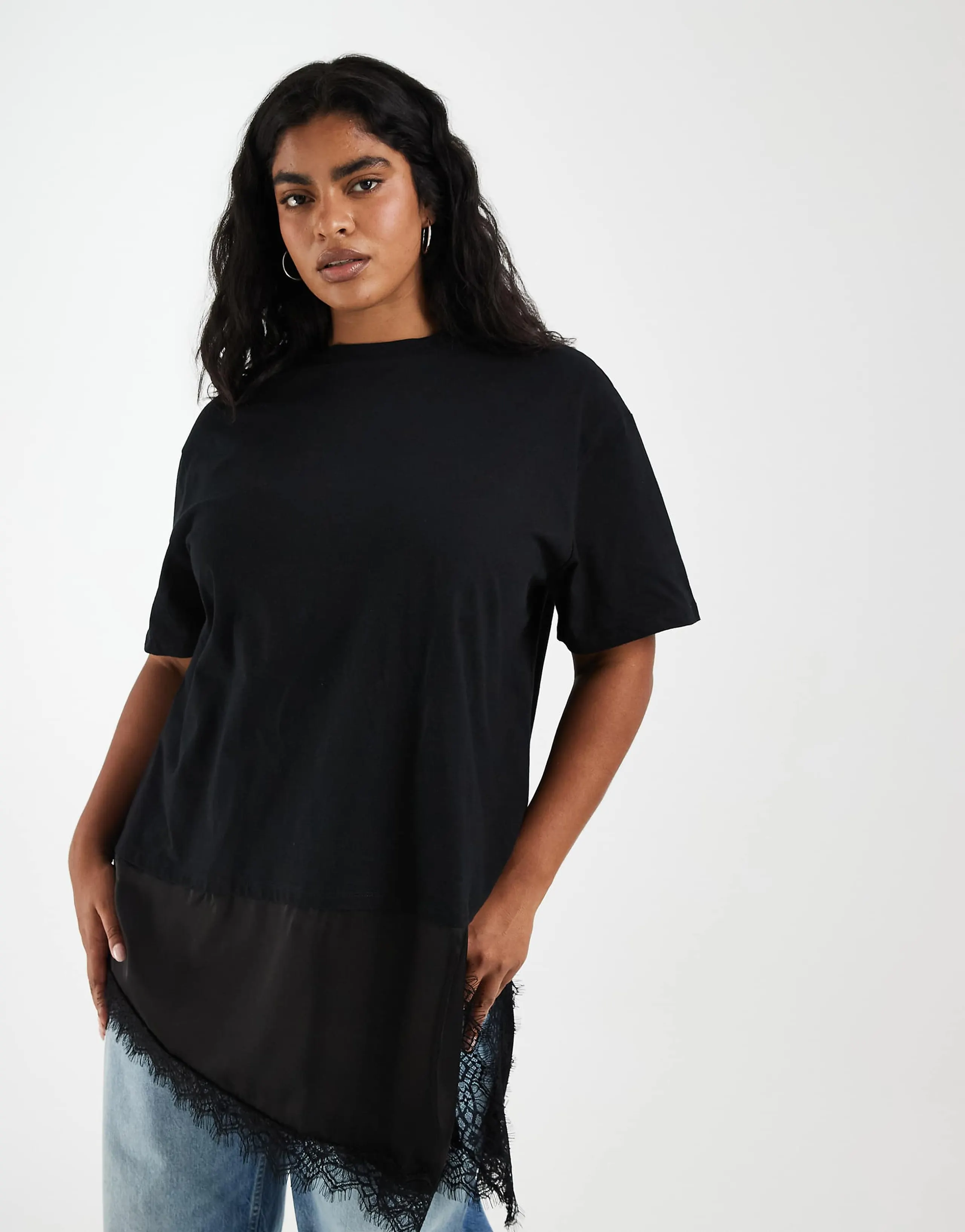 Noisy May Curve oversized satin t-shirt with asymmetric lace hem in black