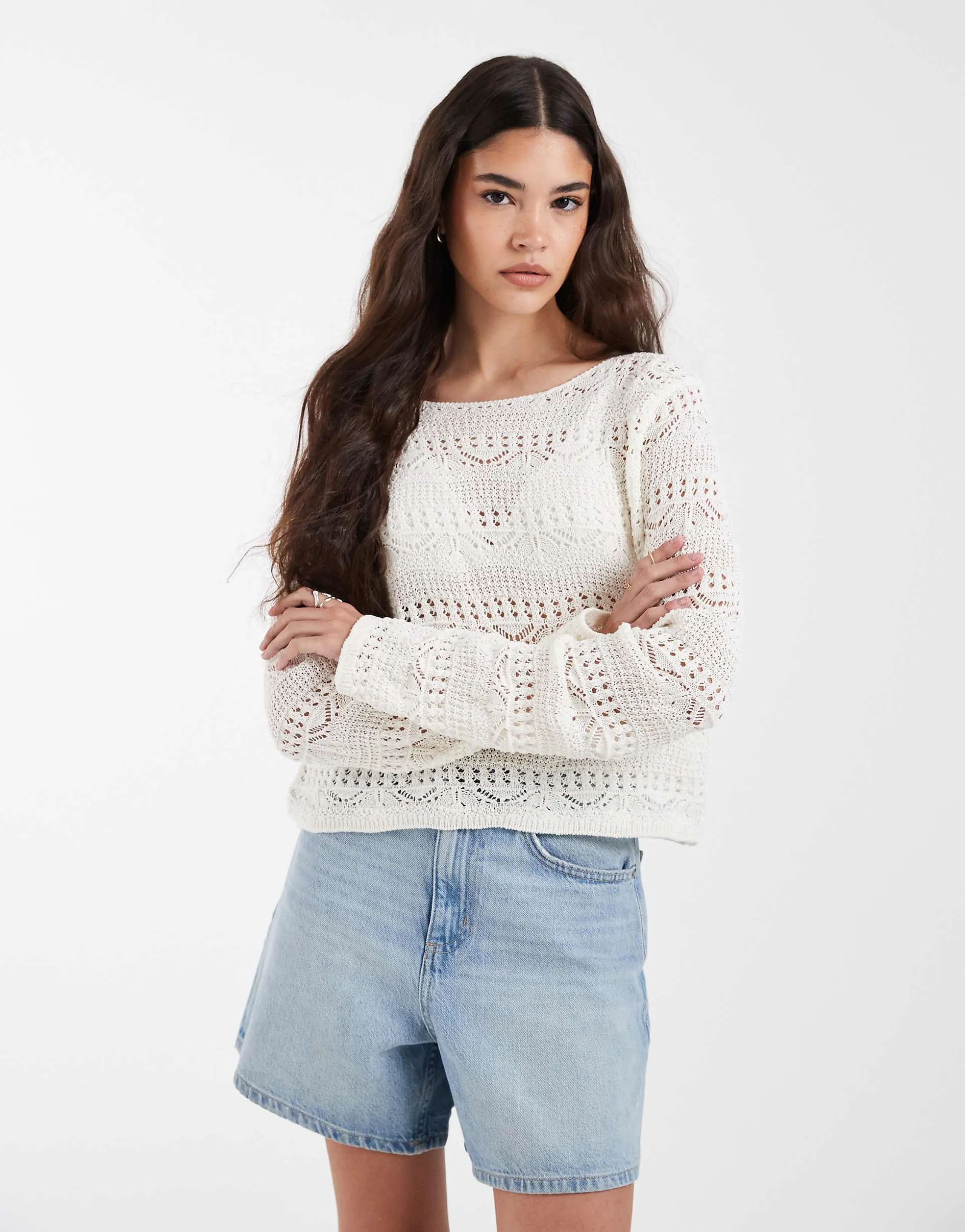 PIECES crochet knit sweater in cream