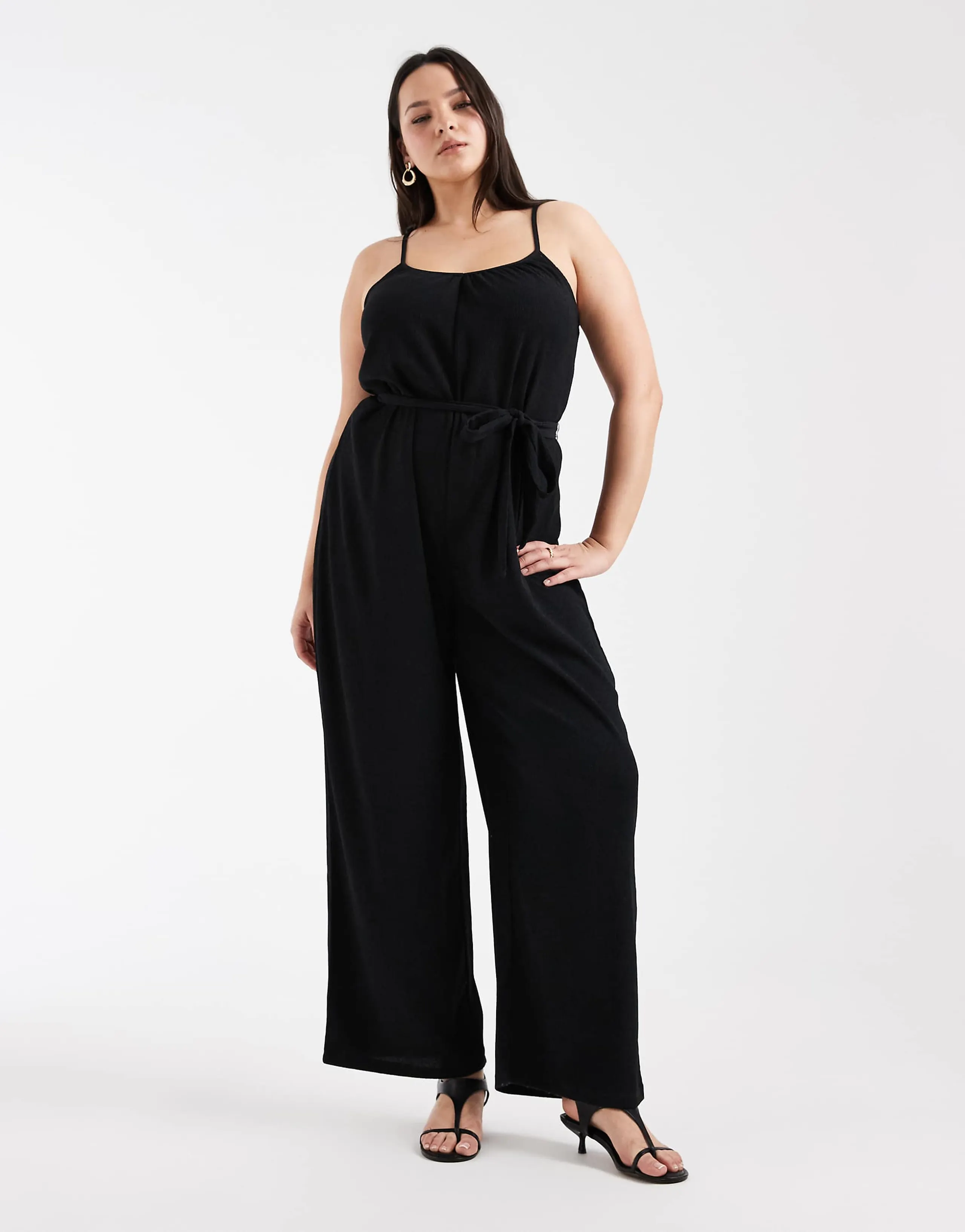 ONLY Curve tie waist jumpsuit in black