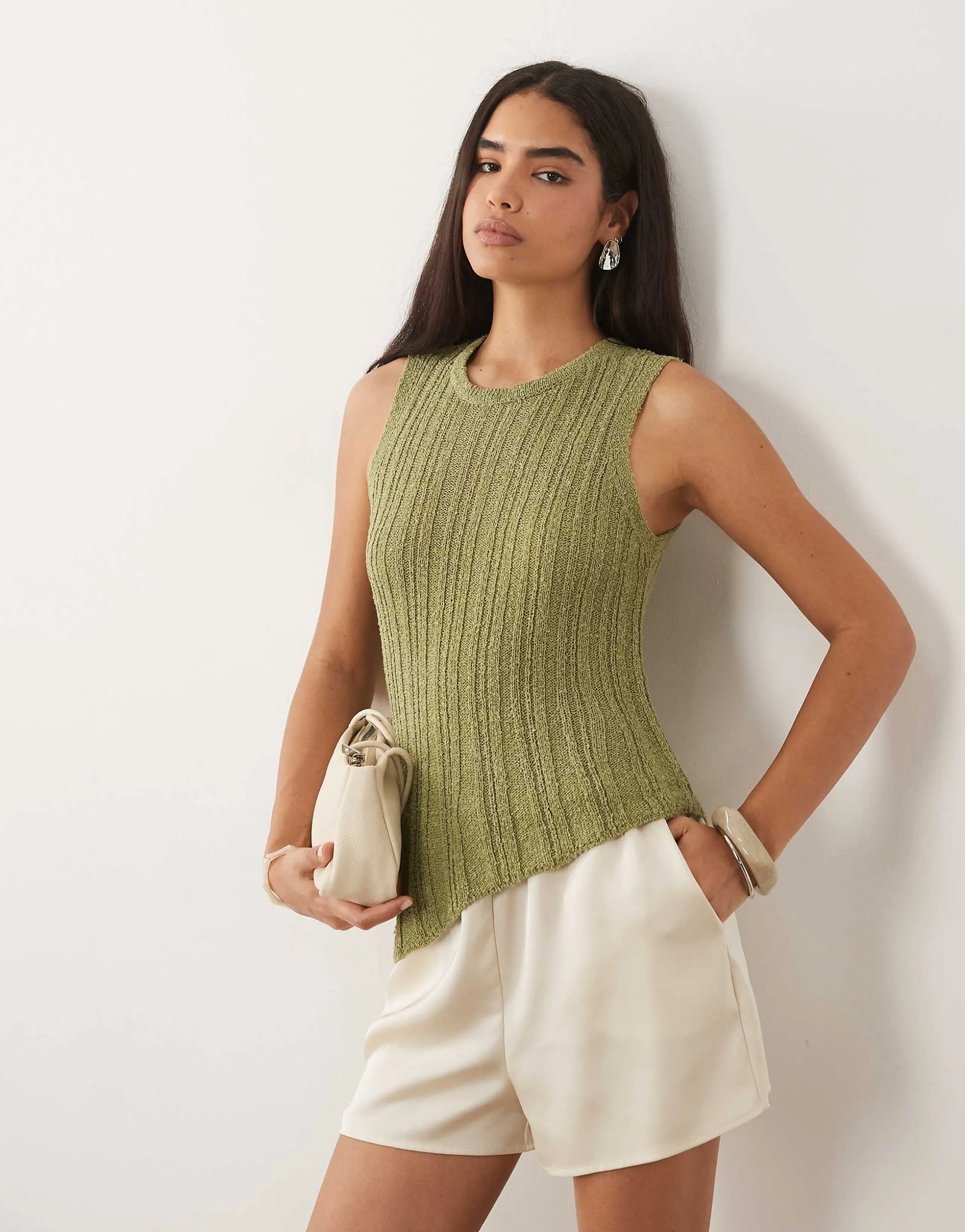 ASOS DESIGN knit ladder stitch asymmetrical top in khaki