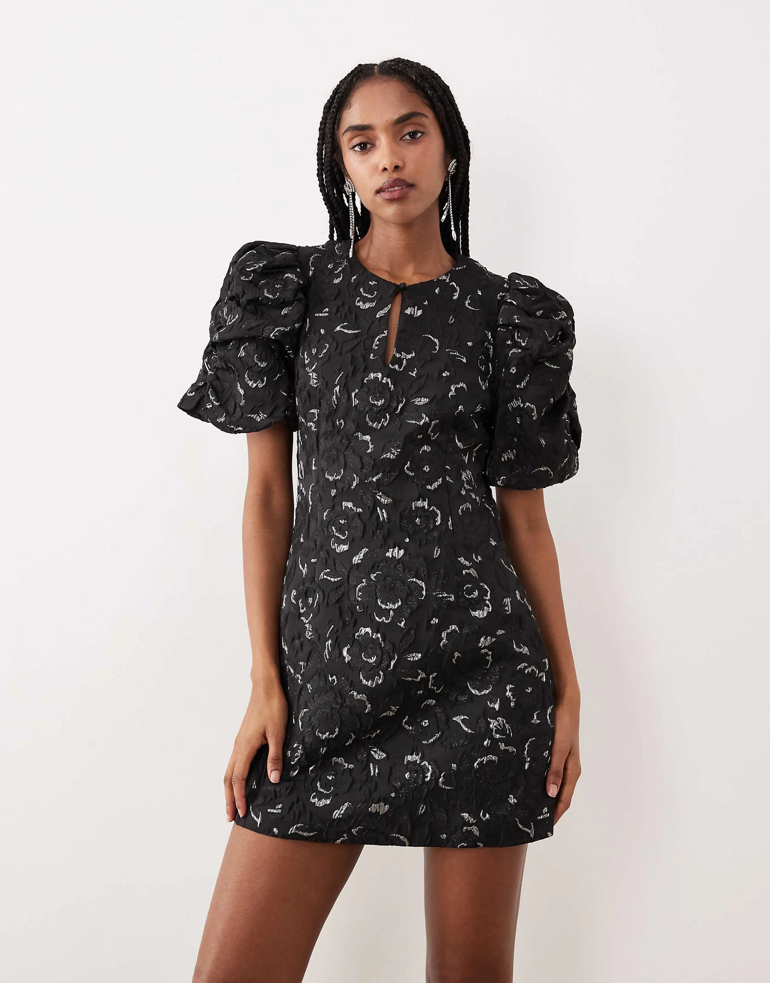 Gina Tricot volume balloon sleeve rose brocade mini dress with silver metallic inserts in black