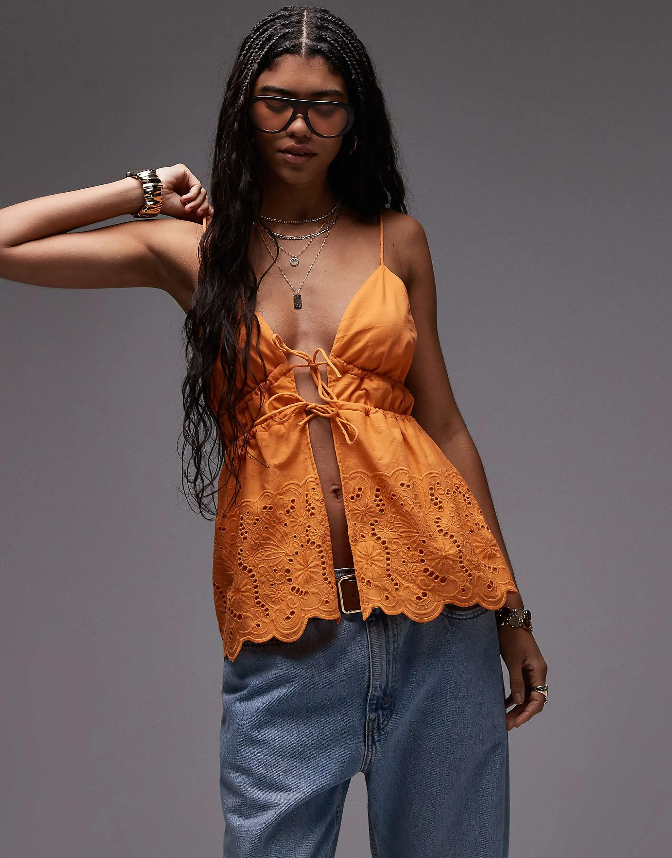 Topshop cutwork tiered tie front cami top in orange