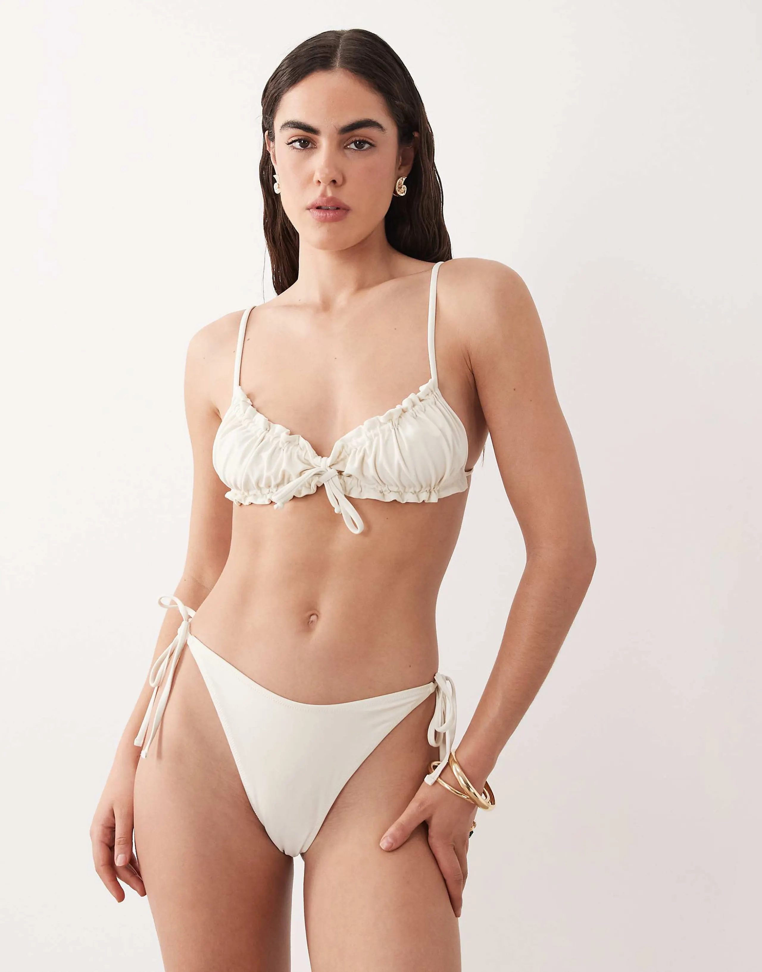 Miss Selfridge mix and match tie sides ruched bum bikini bottoms in cream