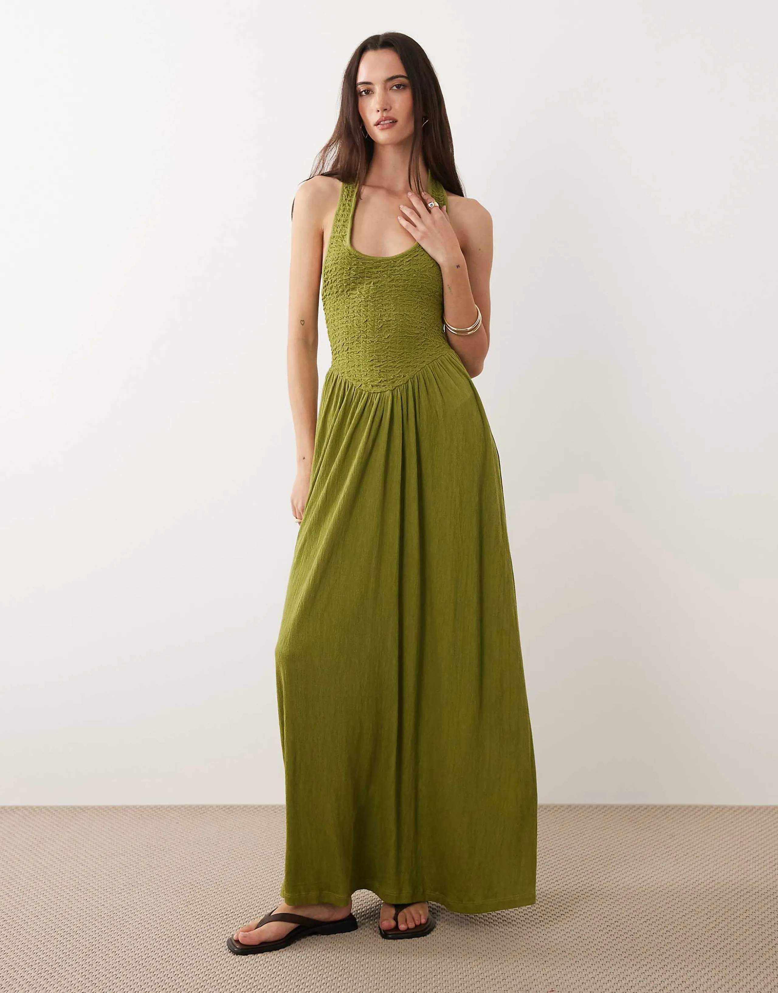 ASOS DESIGN crinkle halter neck midi dress in olive
