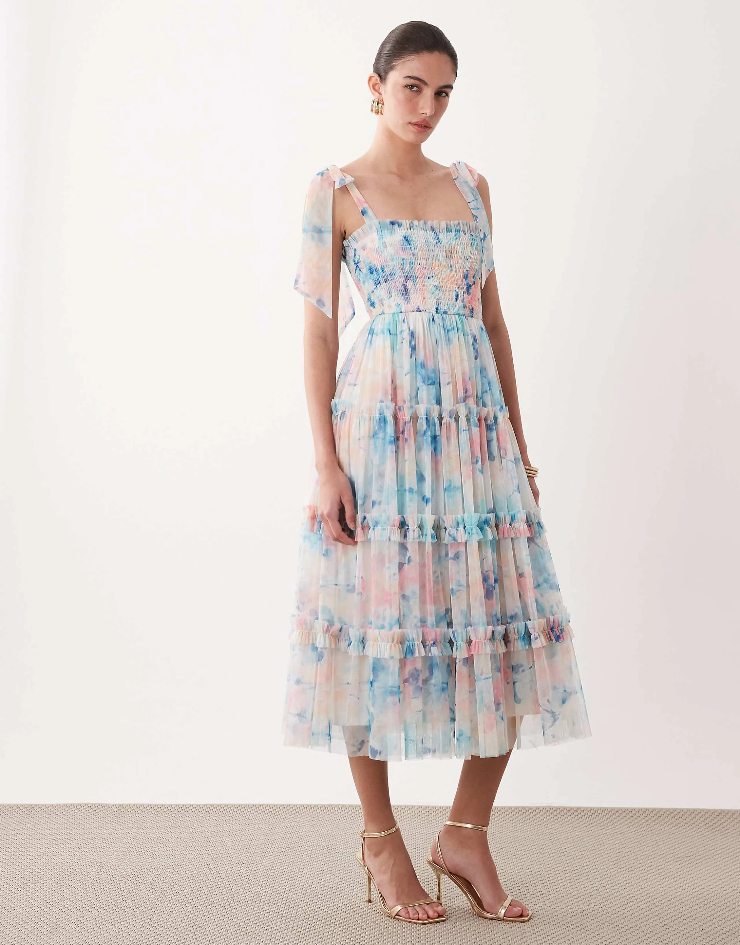 Lace & Beads bow shoulders shirred ruffle midi dress in blue abstract floral print