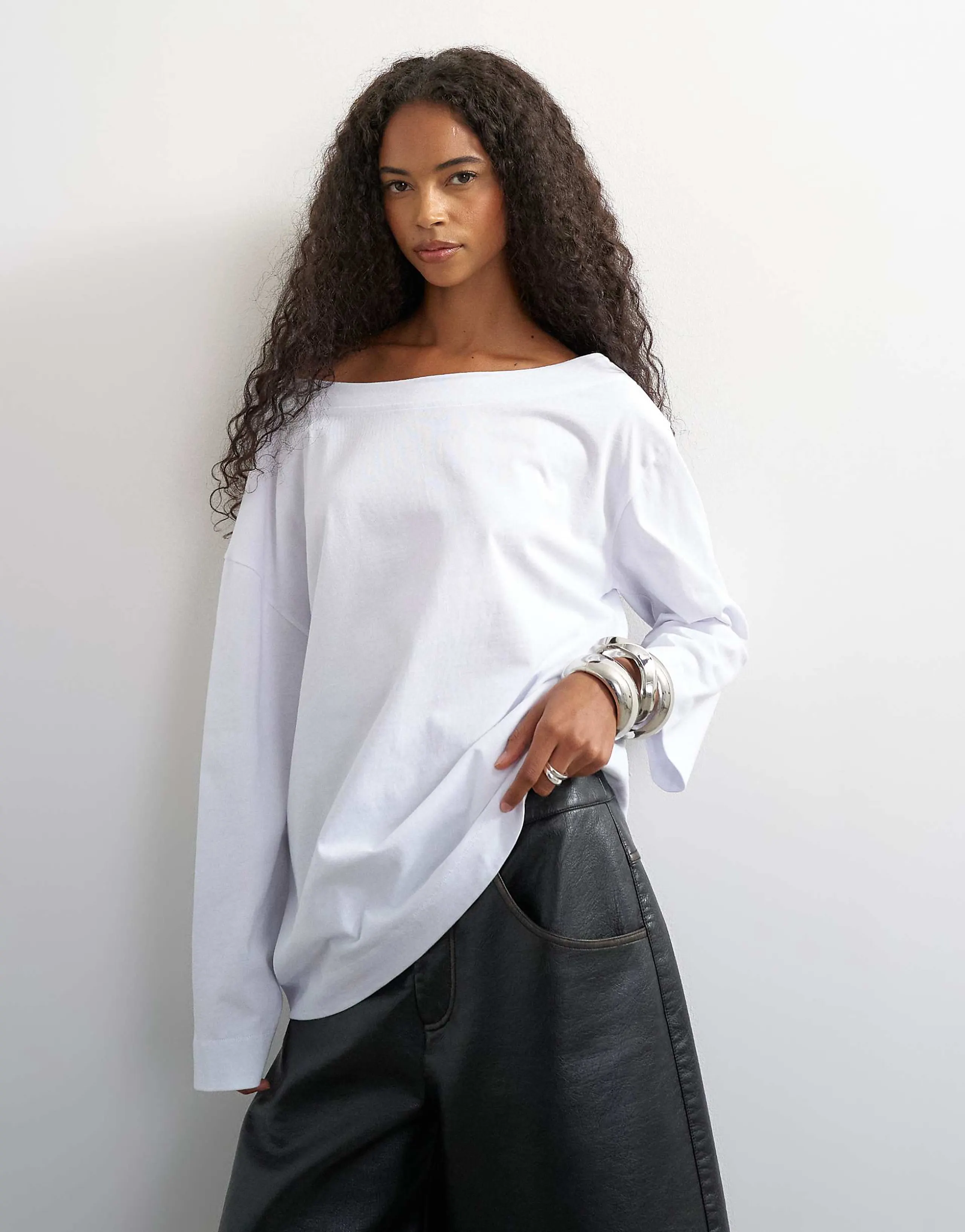 Topshop long sleeve fallen shoulders top in white