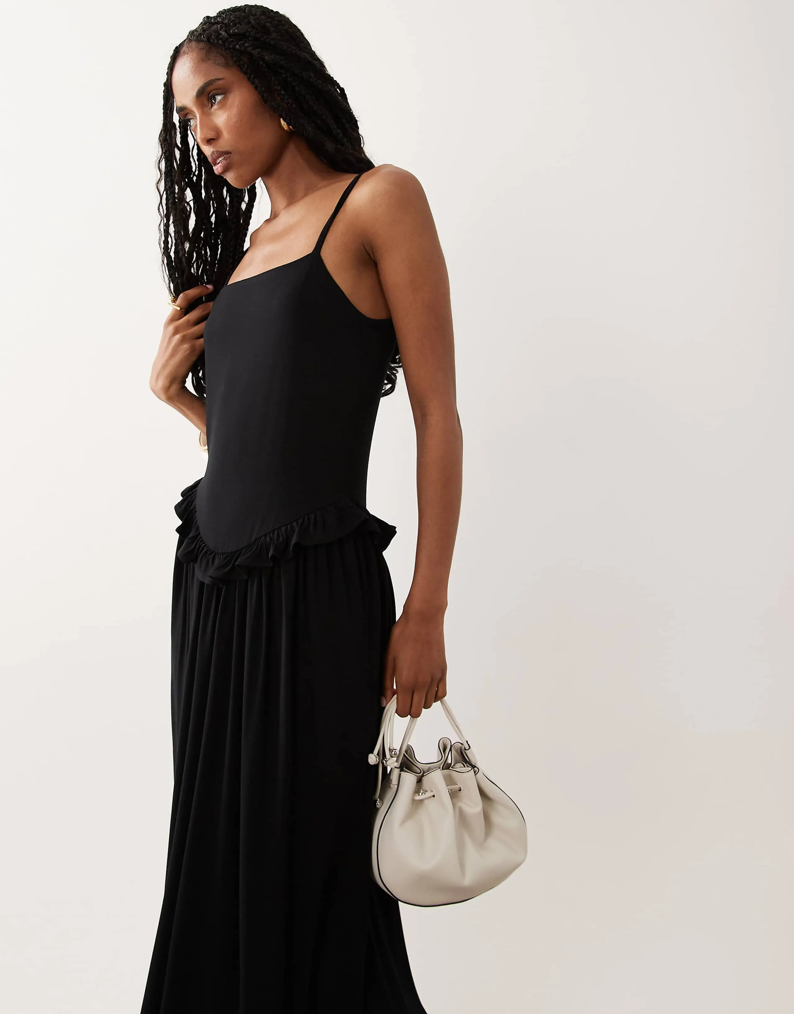 ASOS DESIGN straight neck midi cami dress with waist frill in black