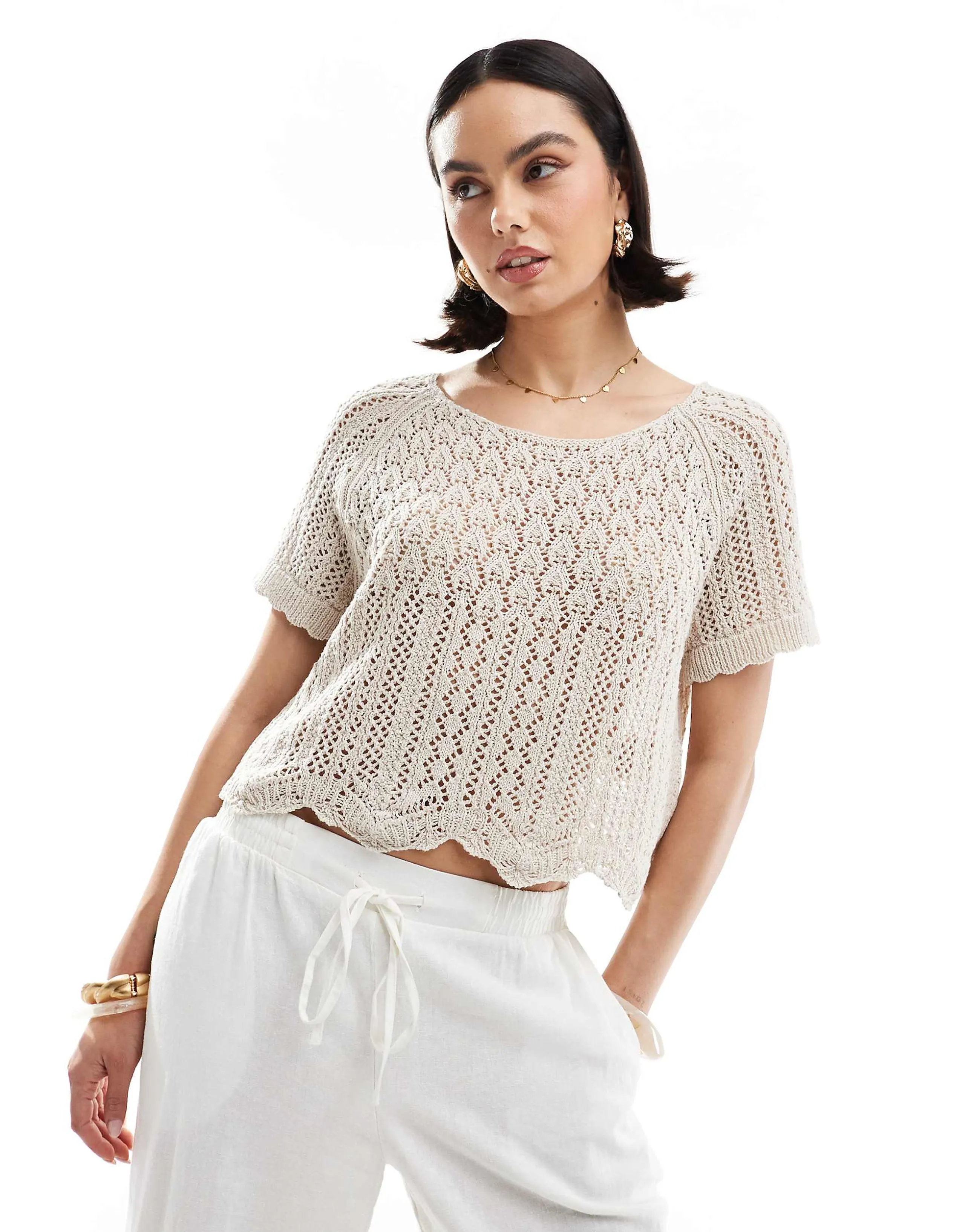 ONLY crochet short sleeve top in beige