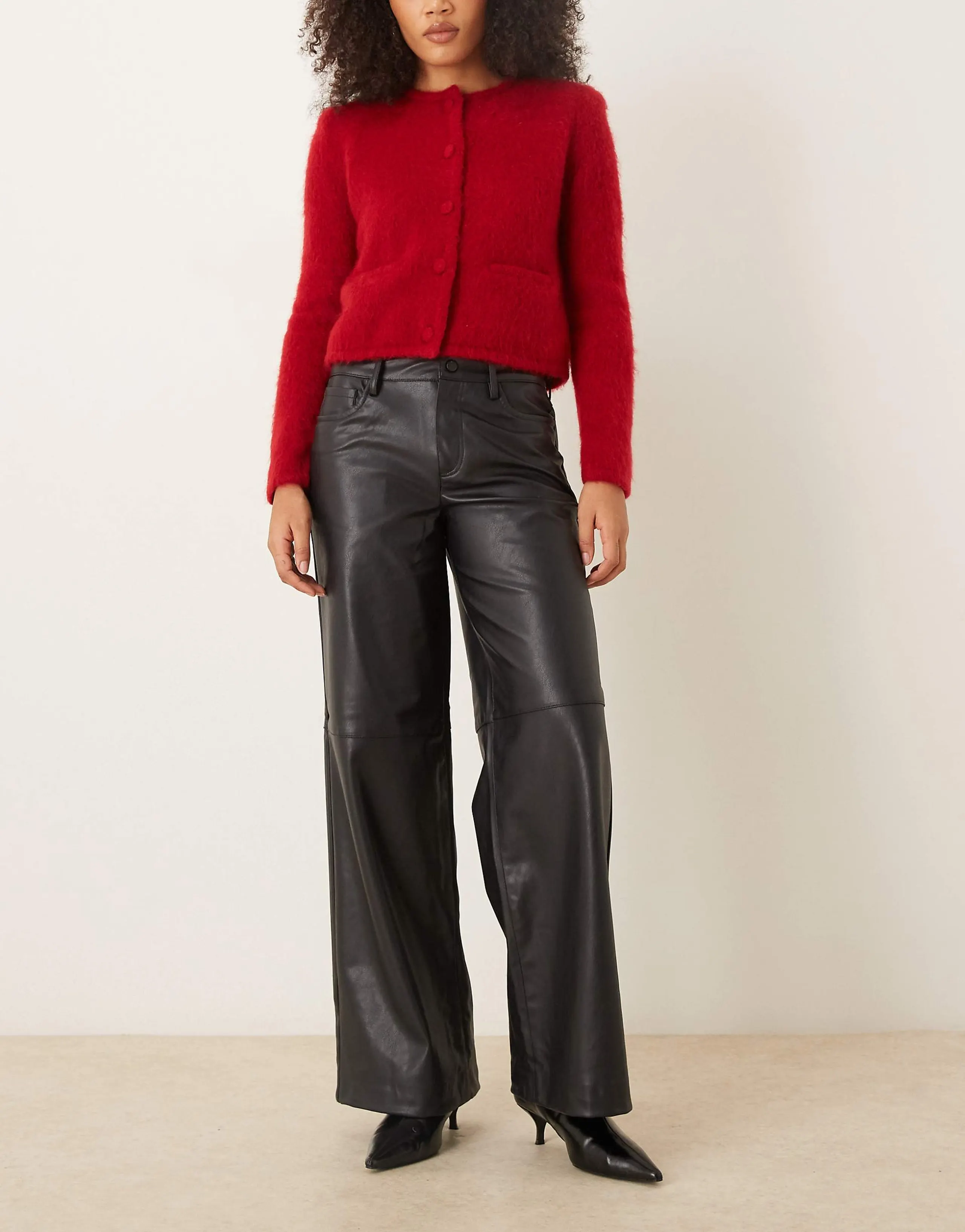 VILA wide leg faux leather pants with seam details in black