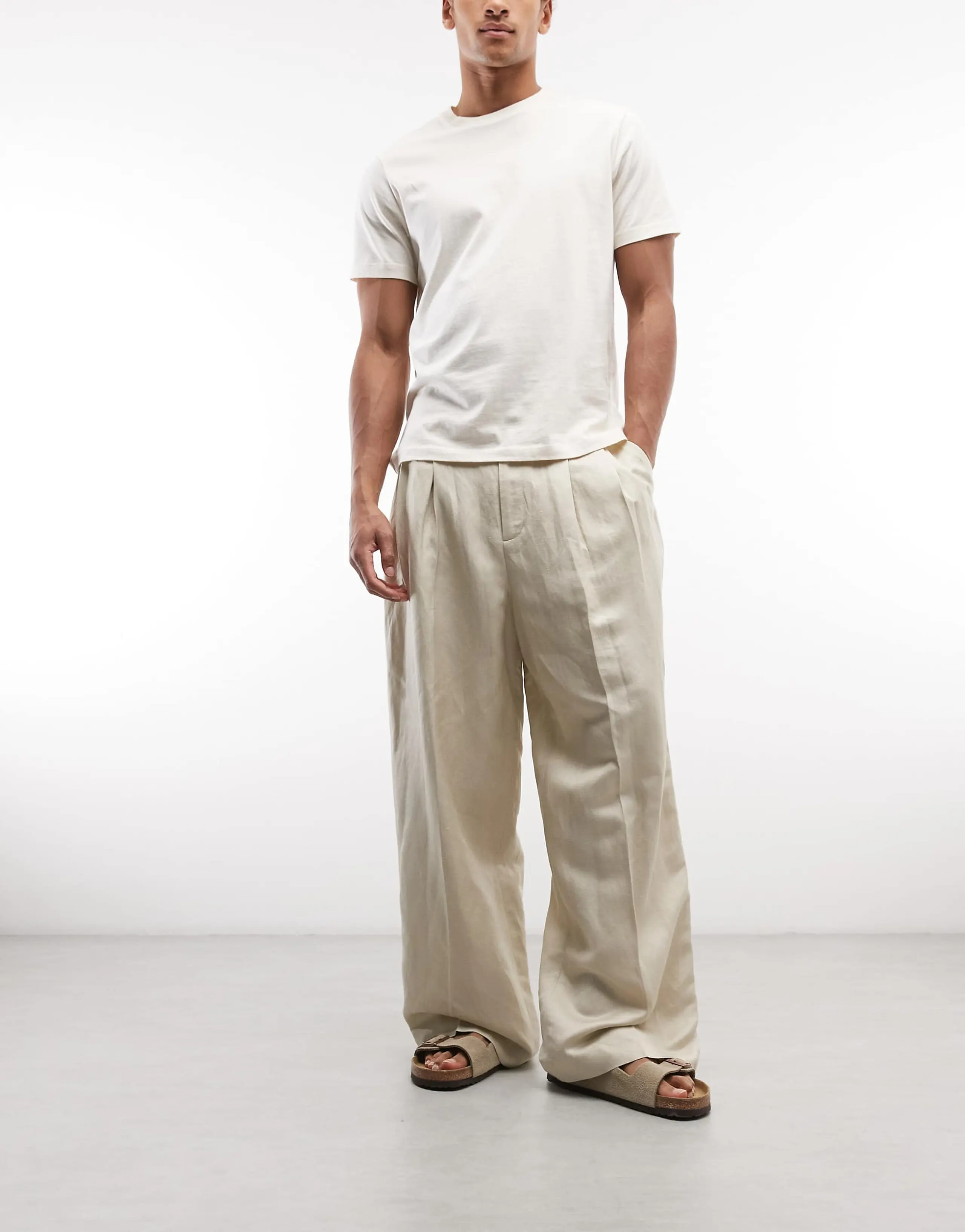 Weekday linen wide leg tailored pants with front pleats in beige