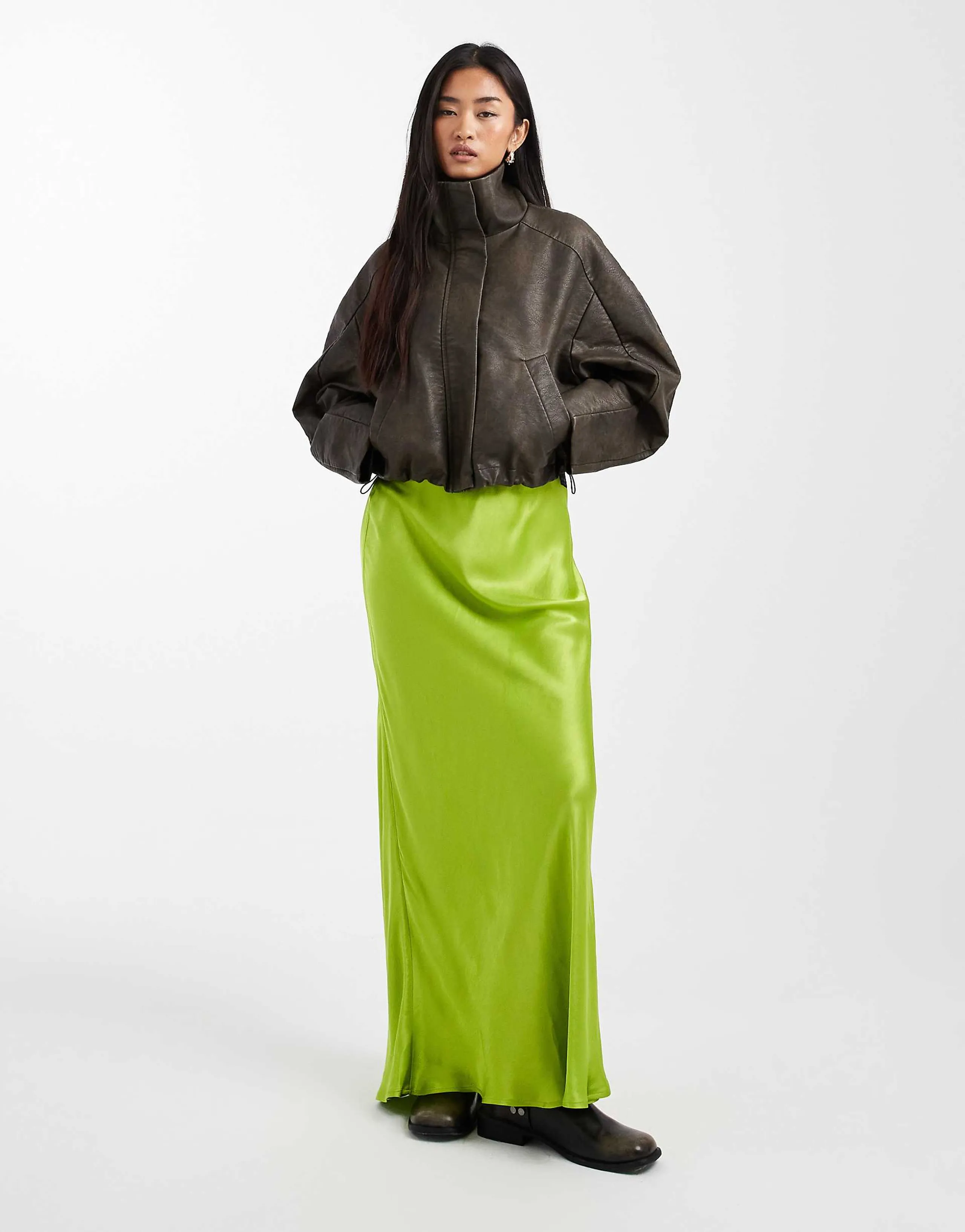 Miss Selfridge satin bias bow maxi skirt in green