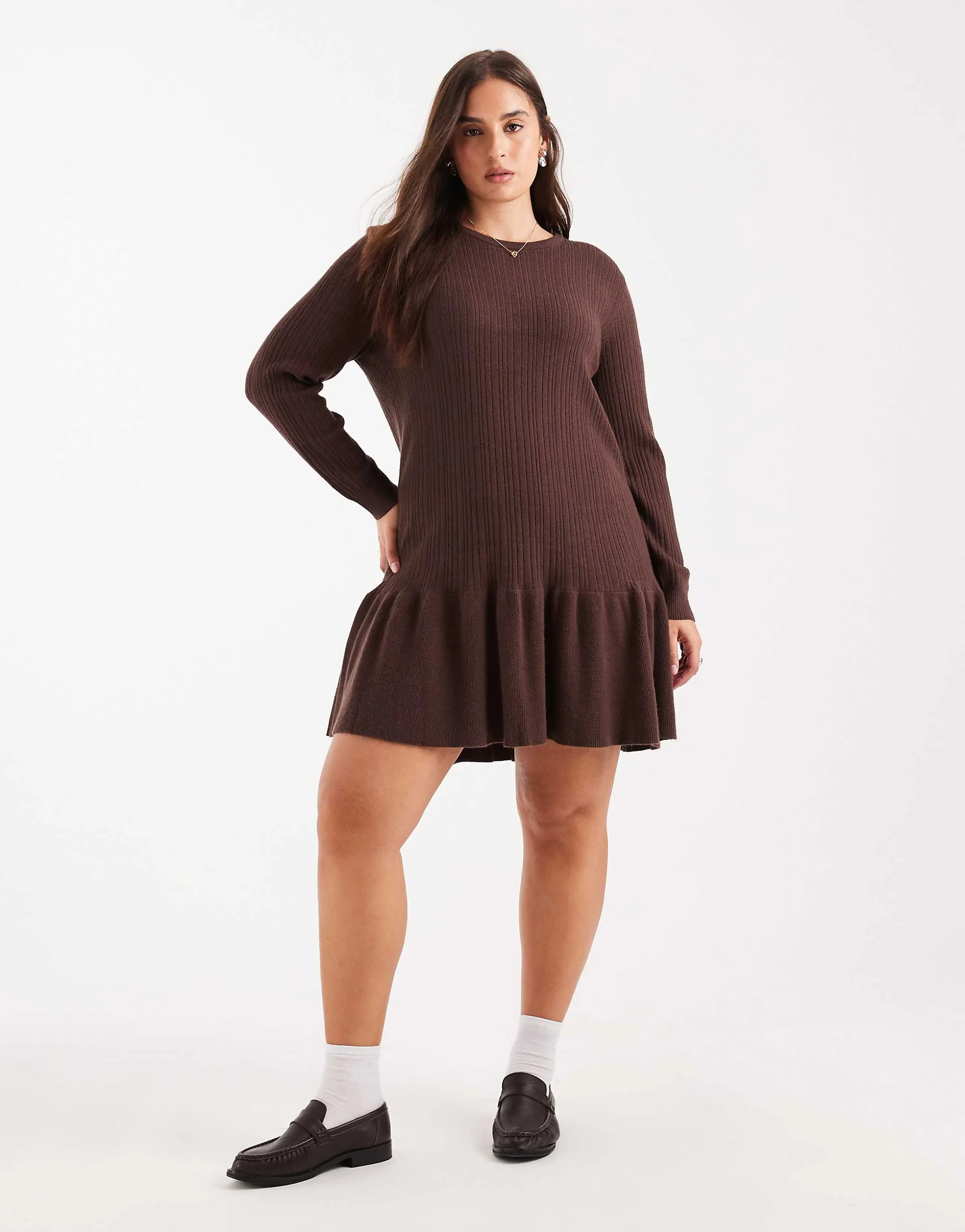 ONLY Curve dropped waist knit mini dress in chocolate brown