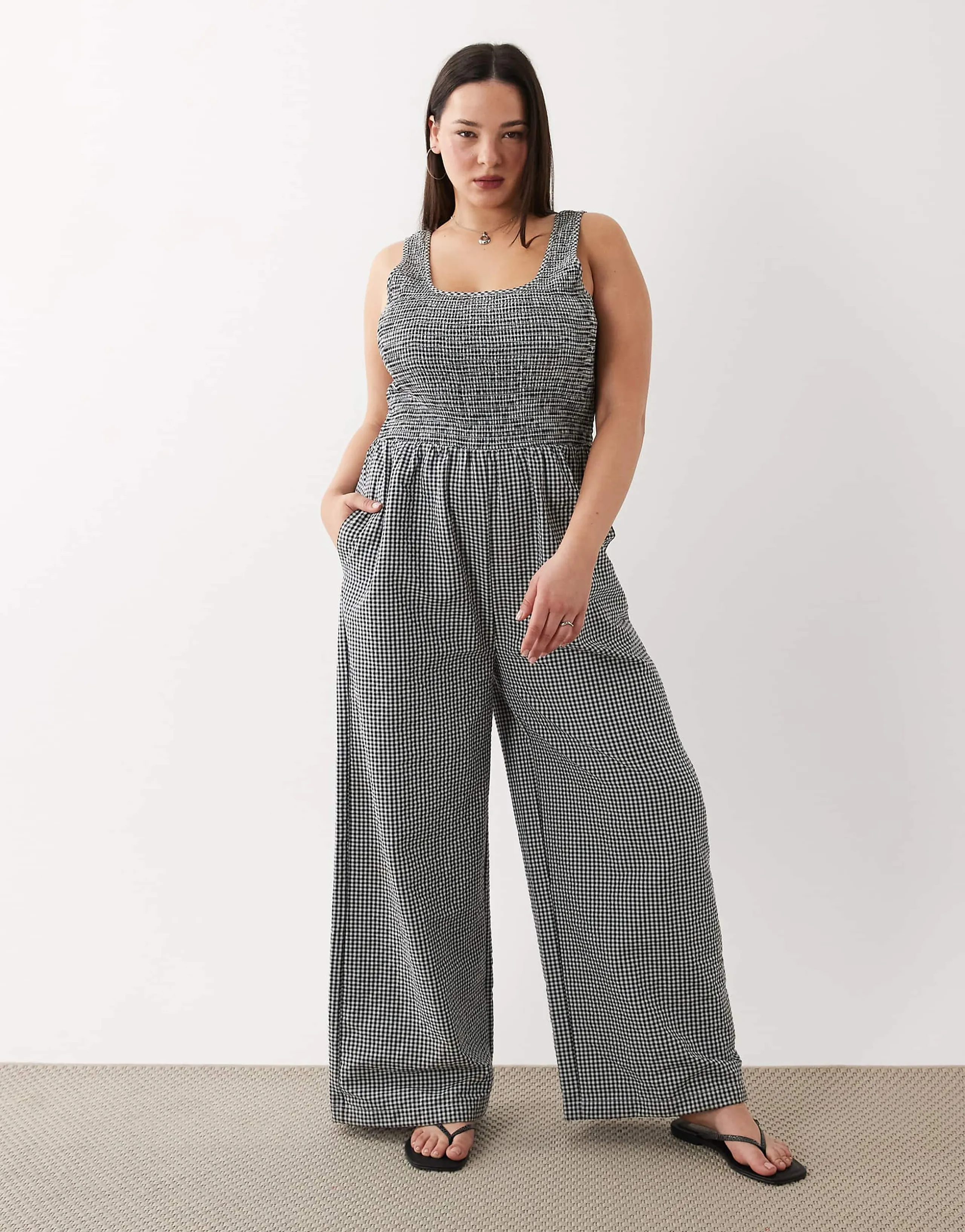 Brave Soul Curve scoop neck gingham jumpsuit in black and white 
